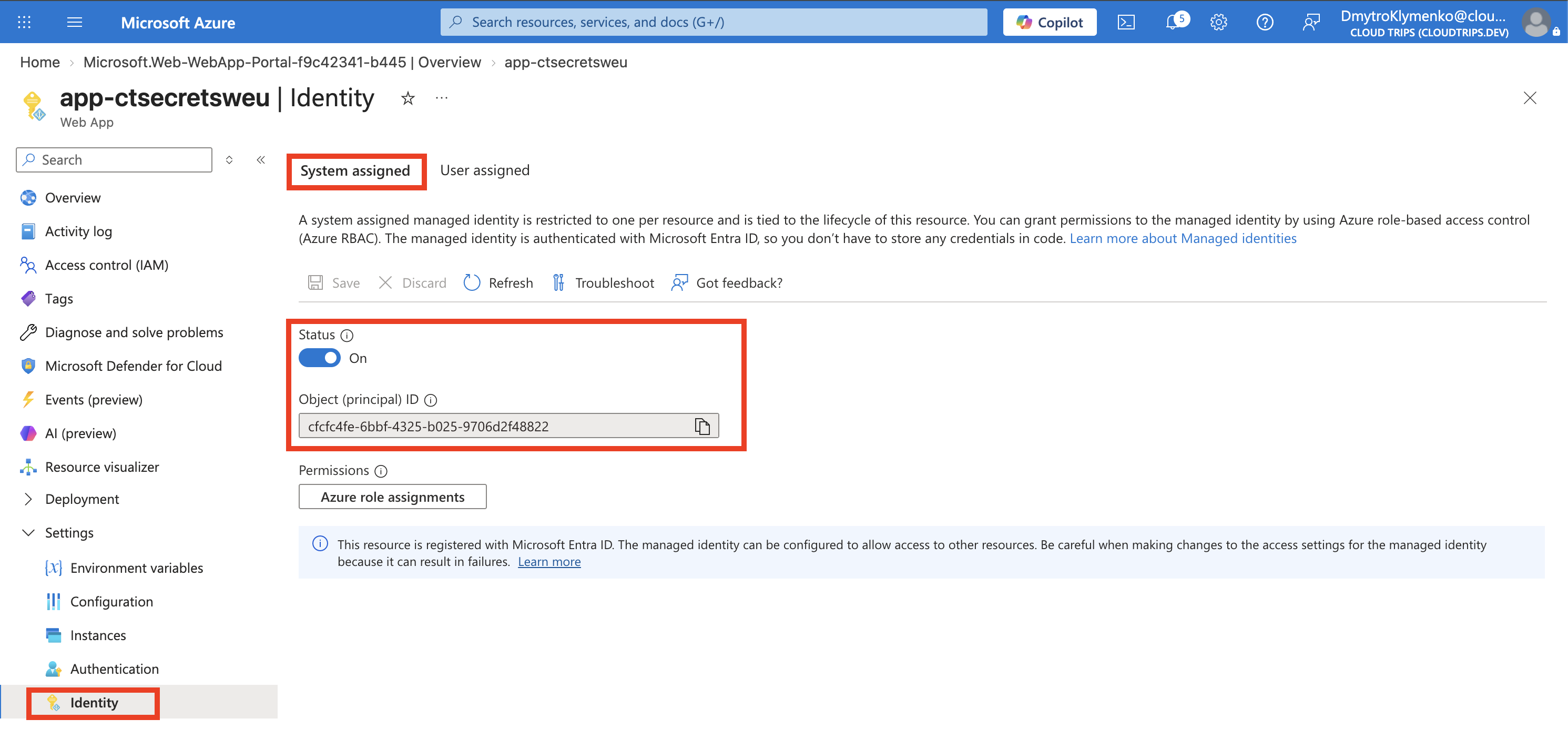 App Service Identity showing System assigned On and its object principal ID