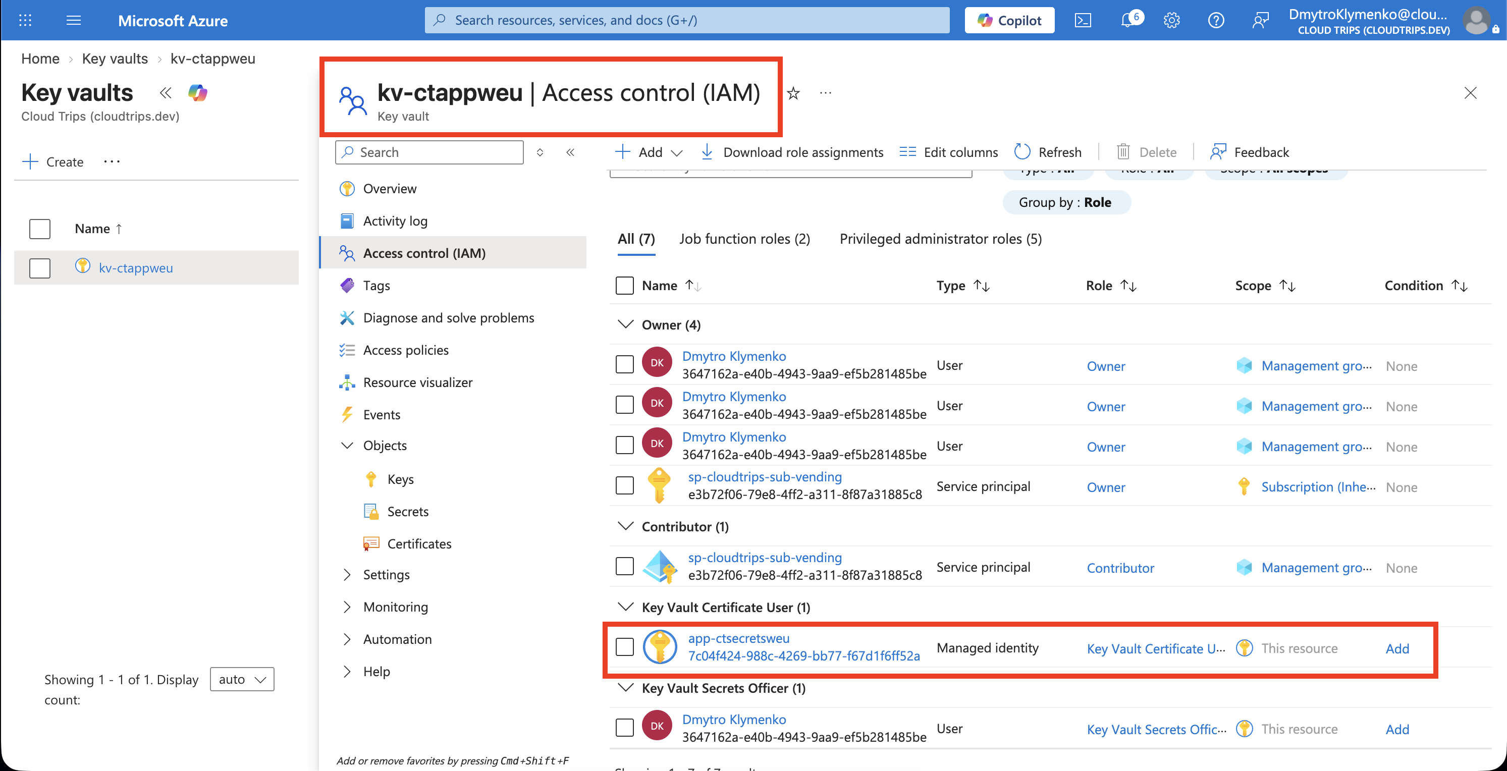 Key Vault IAM showing Key Vault Secrets User assigned to app-ctsecretsweu