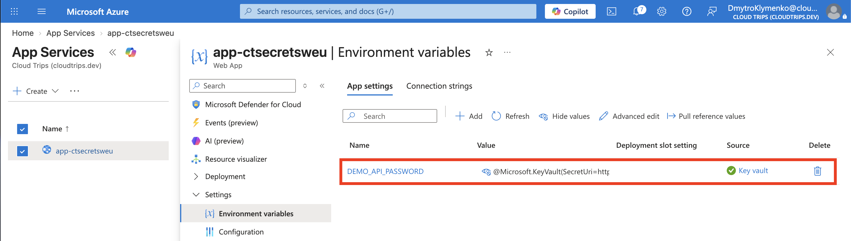 App Service setting DEMO_API_PASSWORD showing a resolved Key Vault reference
