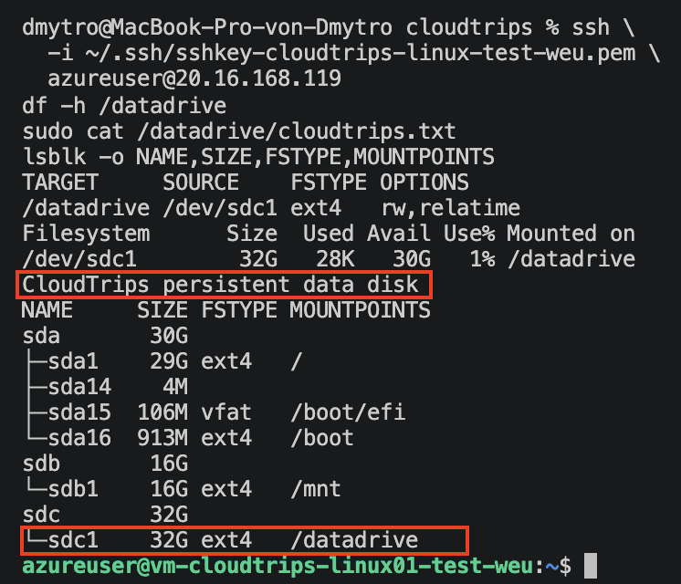 SSH-Sitzung nach dem Neustart mit unter /datadrive eingebundenem Datenträger und erhaltener Testdatei