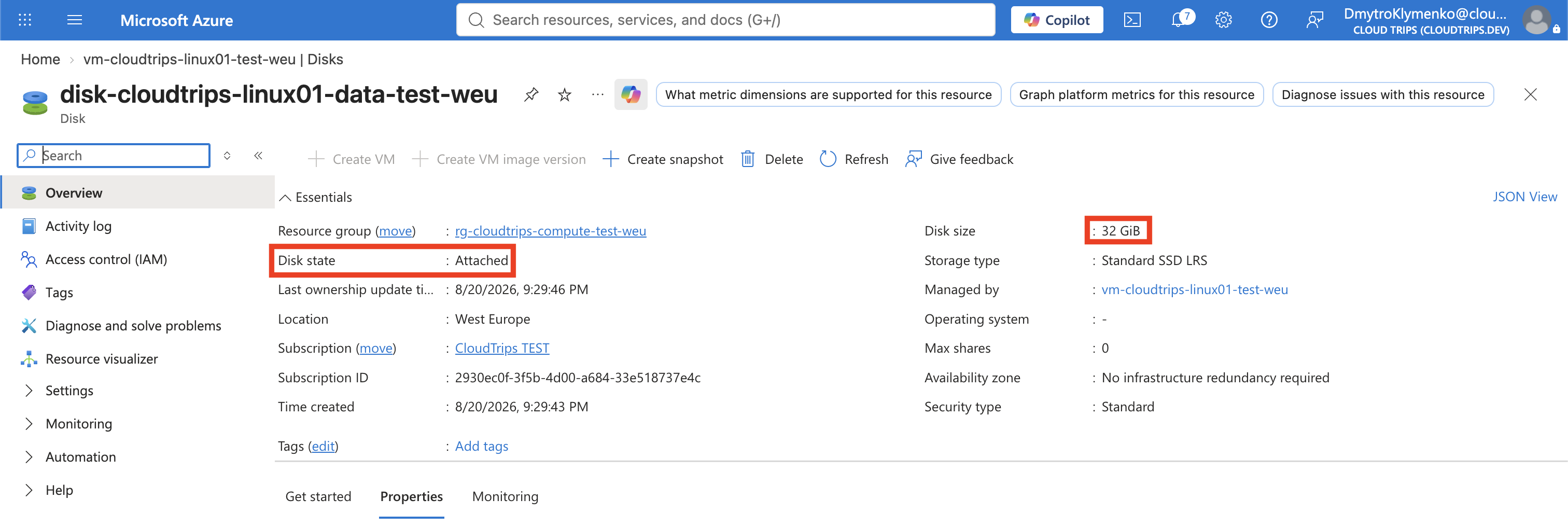 Übersicht des verwalteten Datenträgers mit Verbindungsstatus, Besitzer-VM, Größe und Speichertyp