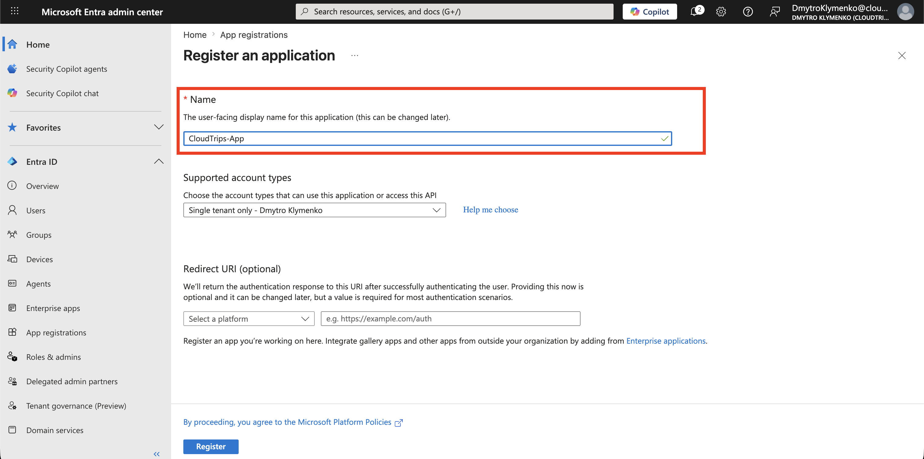 Microsoft Entra app registration creation page with CloudTrips App entered as the application name