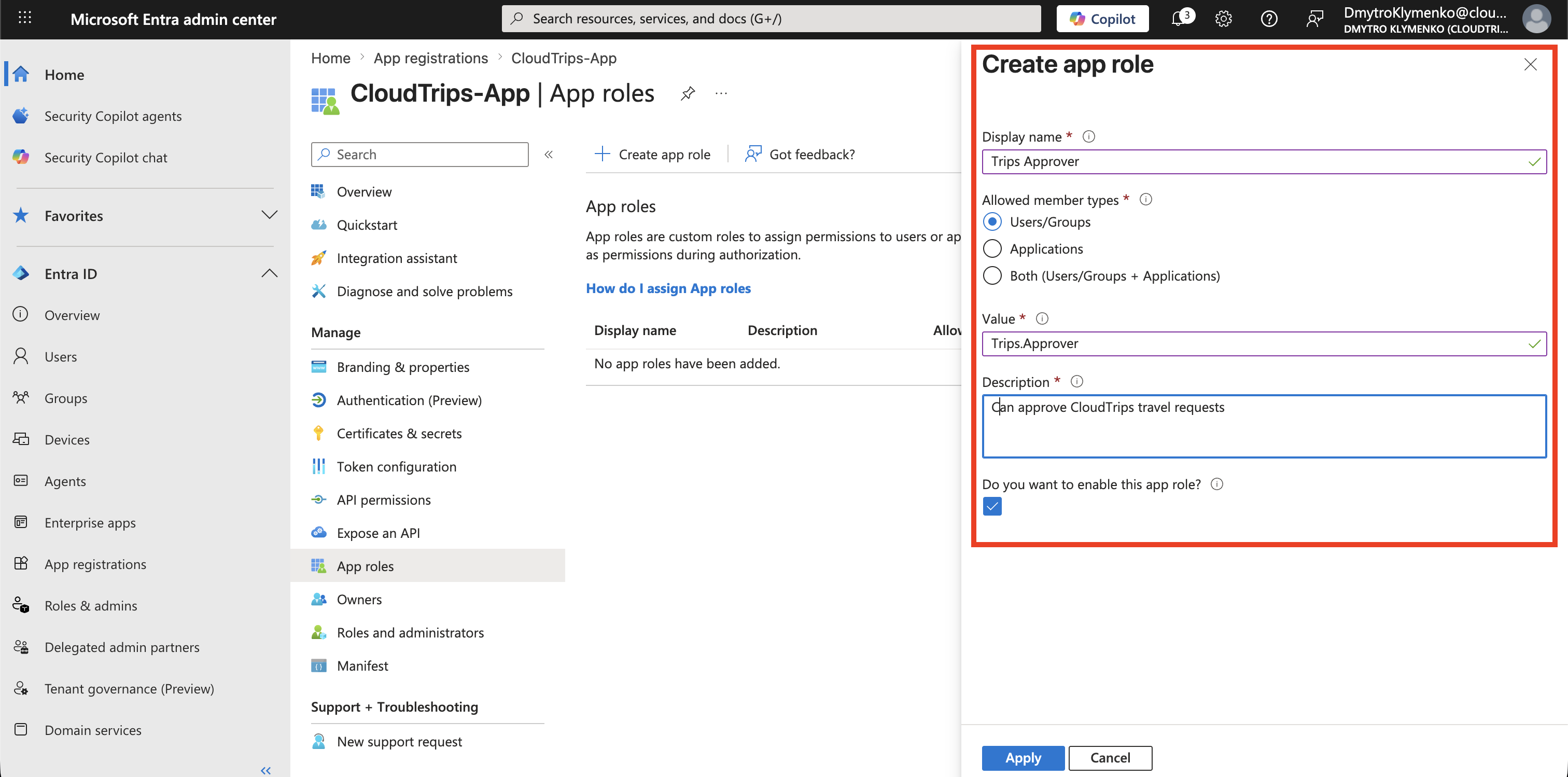 CloudTrips App roles page showing Trips Approver with allowed member types Users and Groups