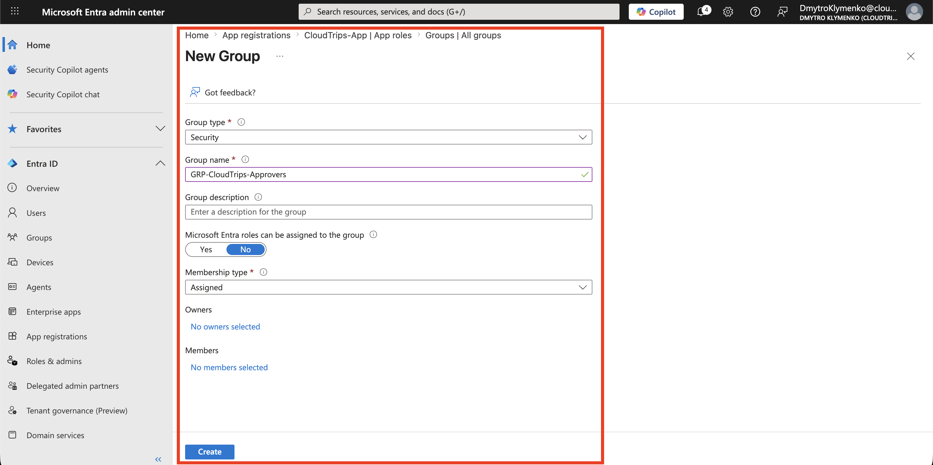 Microsoft Entra new security group form showing GRP-CloudTrips-Approvers