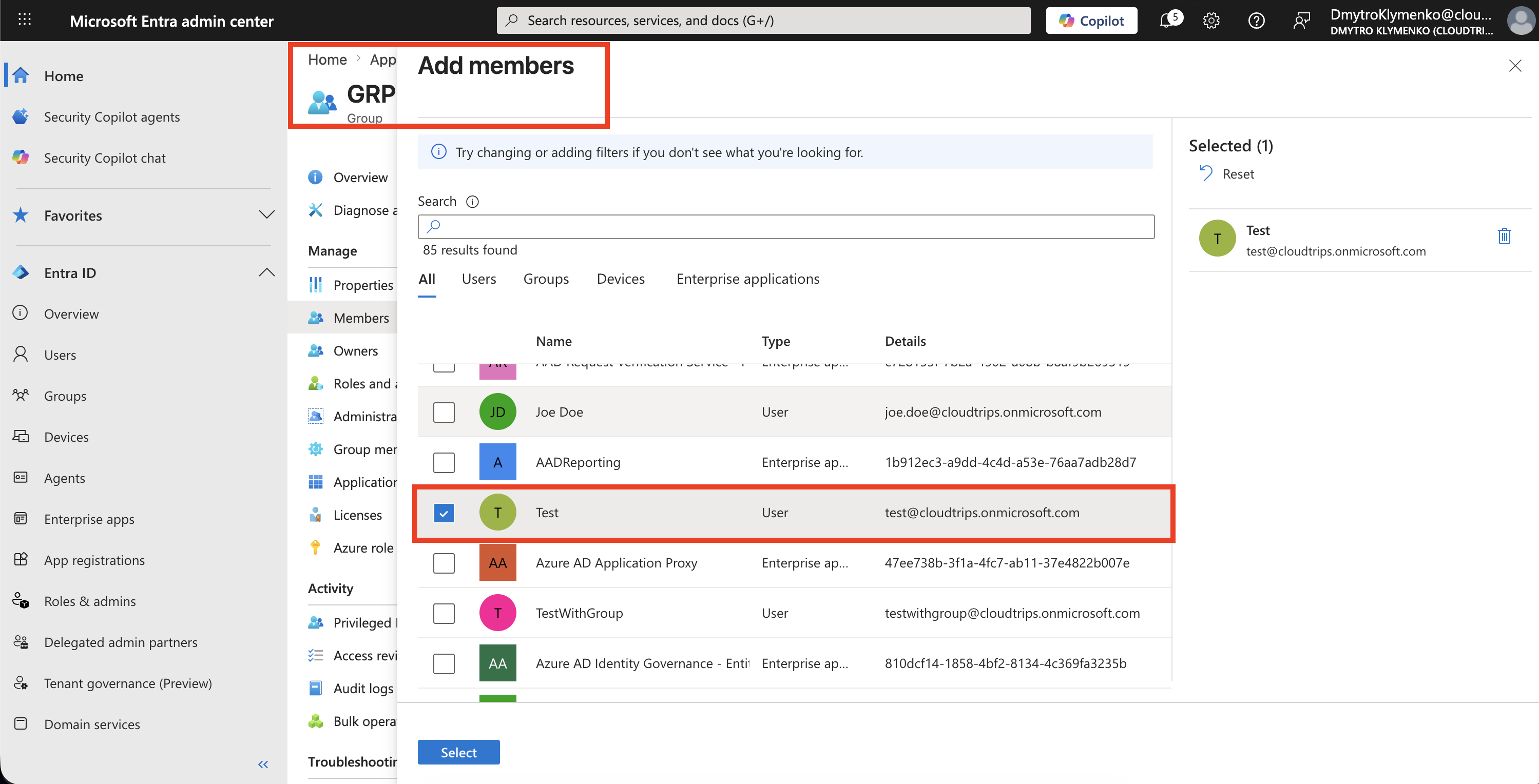CloudTrips approvers group members page showing the employee user added to the group