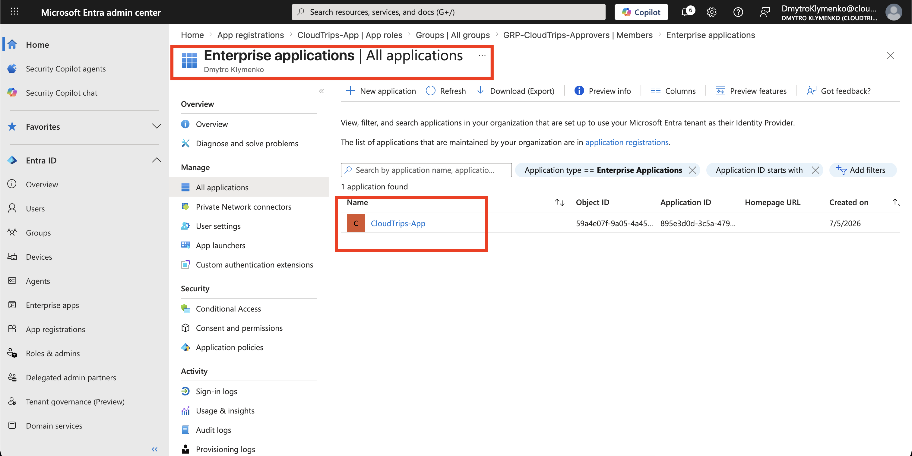 Microsoft Entra Enterprise applications page showing CloudTrips App selected