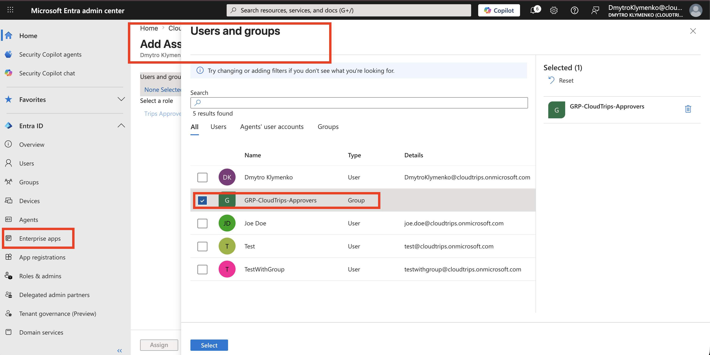 CloudTrips Enterprise Application Users and groups page showing approvers group assigned to Trips Approver