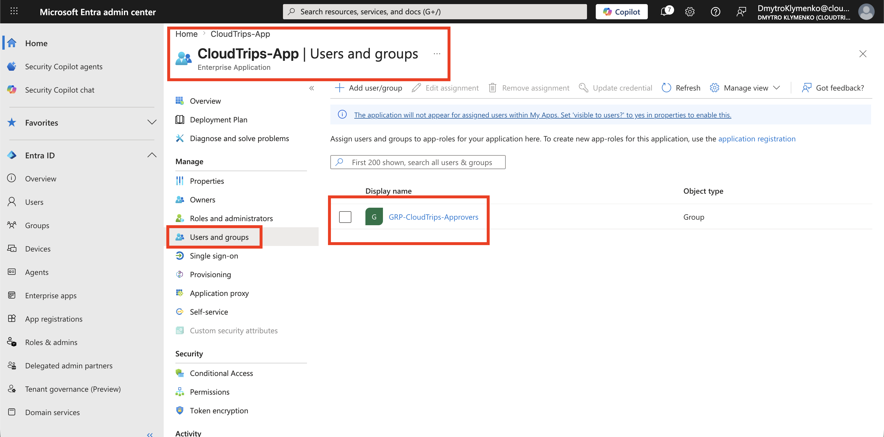 CloudTrips Enterprise Application assignment list showing the approvers group and Trips Approver role