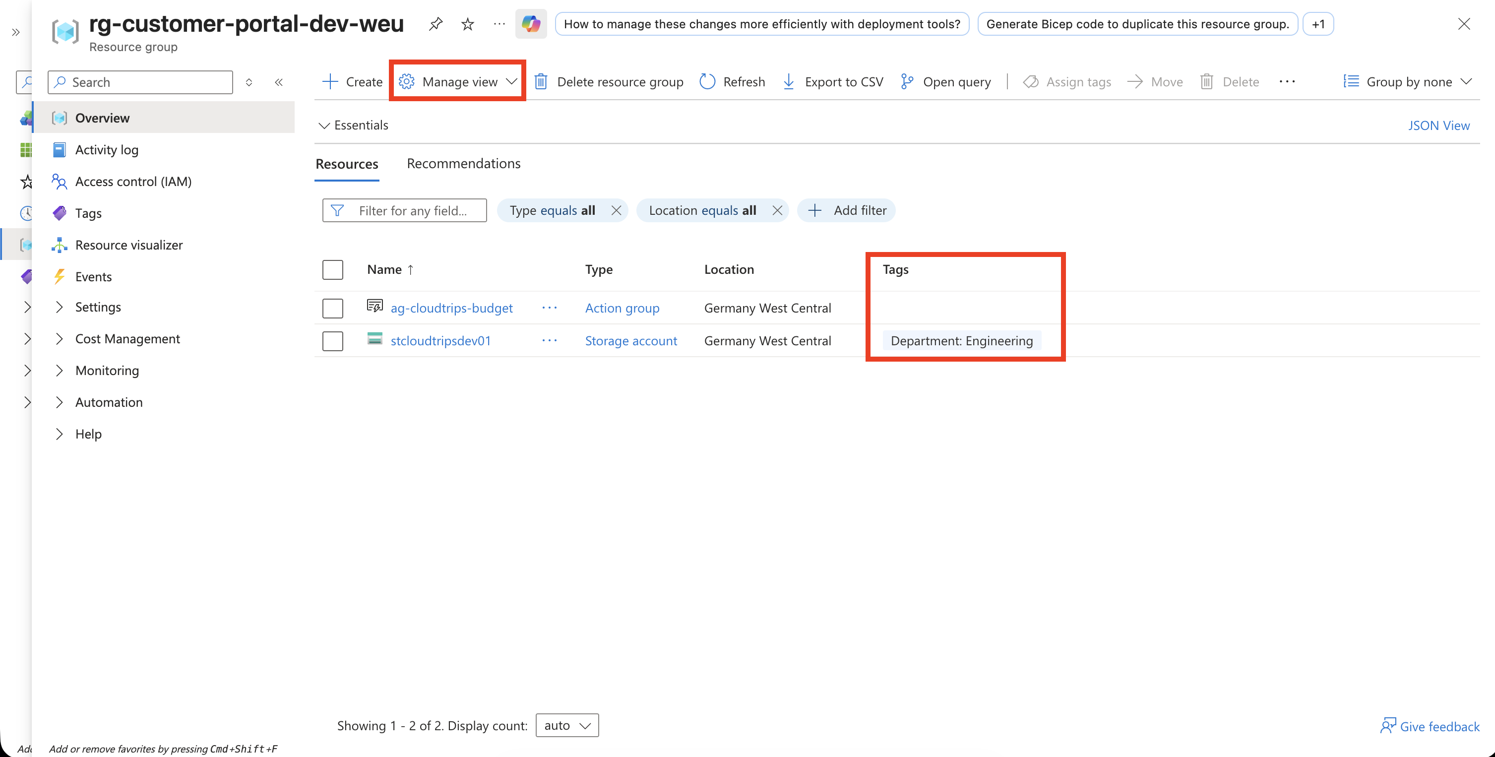 Ressourcenliste mit Department-Engineering-Tags auf CloudTrips-Ressourcen
