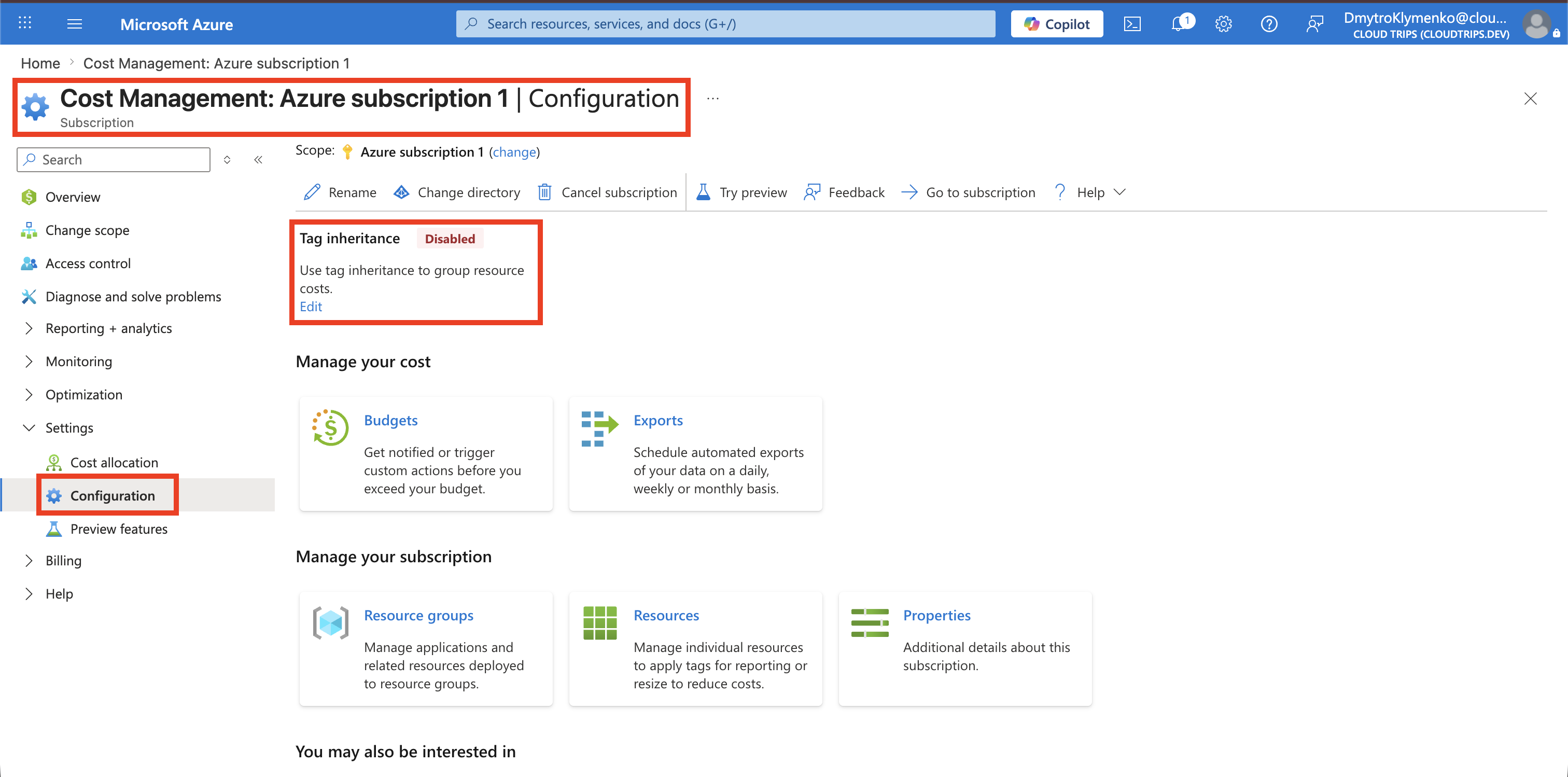 Cost-Management-Seite zum Konfigurieren der Tagvererbung für Azure subscription 1