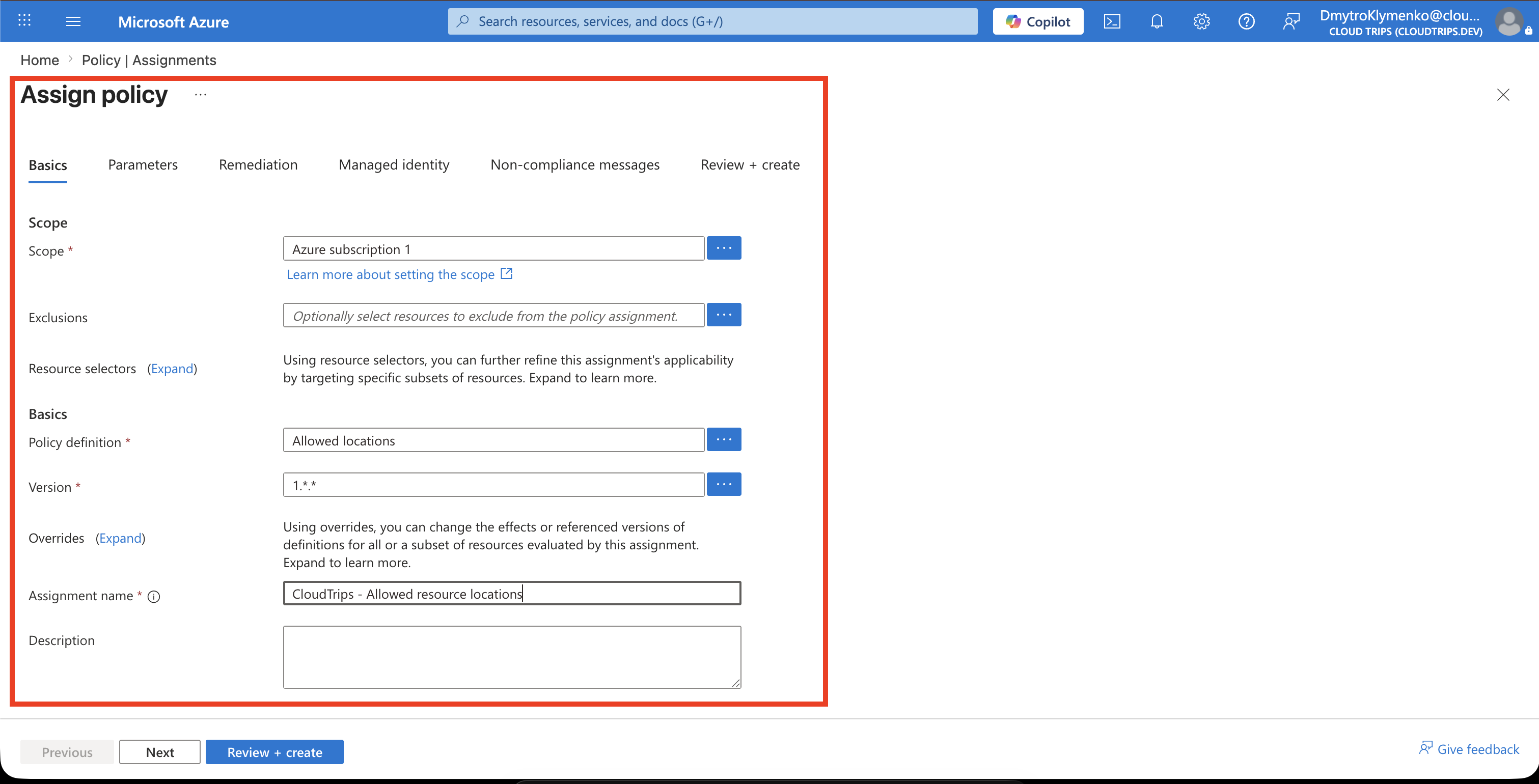 Basics der Azure-Policy-Zuweisung für Azure subscription 1