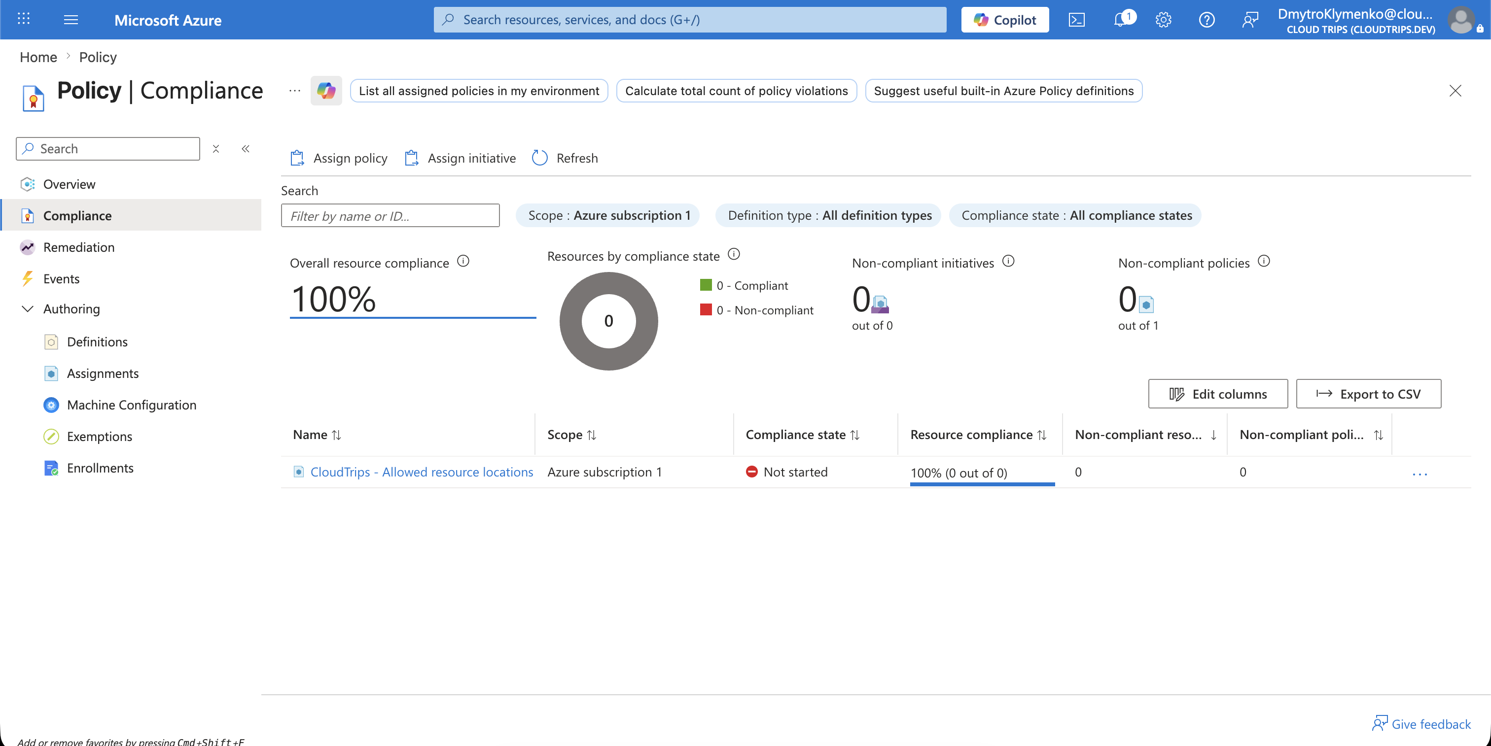 Policy-Compliance-Seite der CloudTrips-Zuweisung für erlaubte Standorte