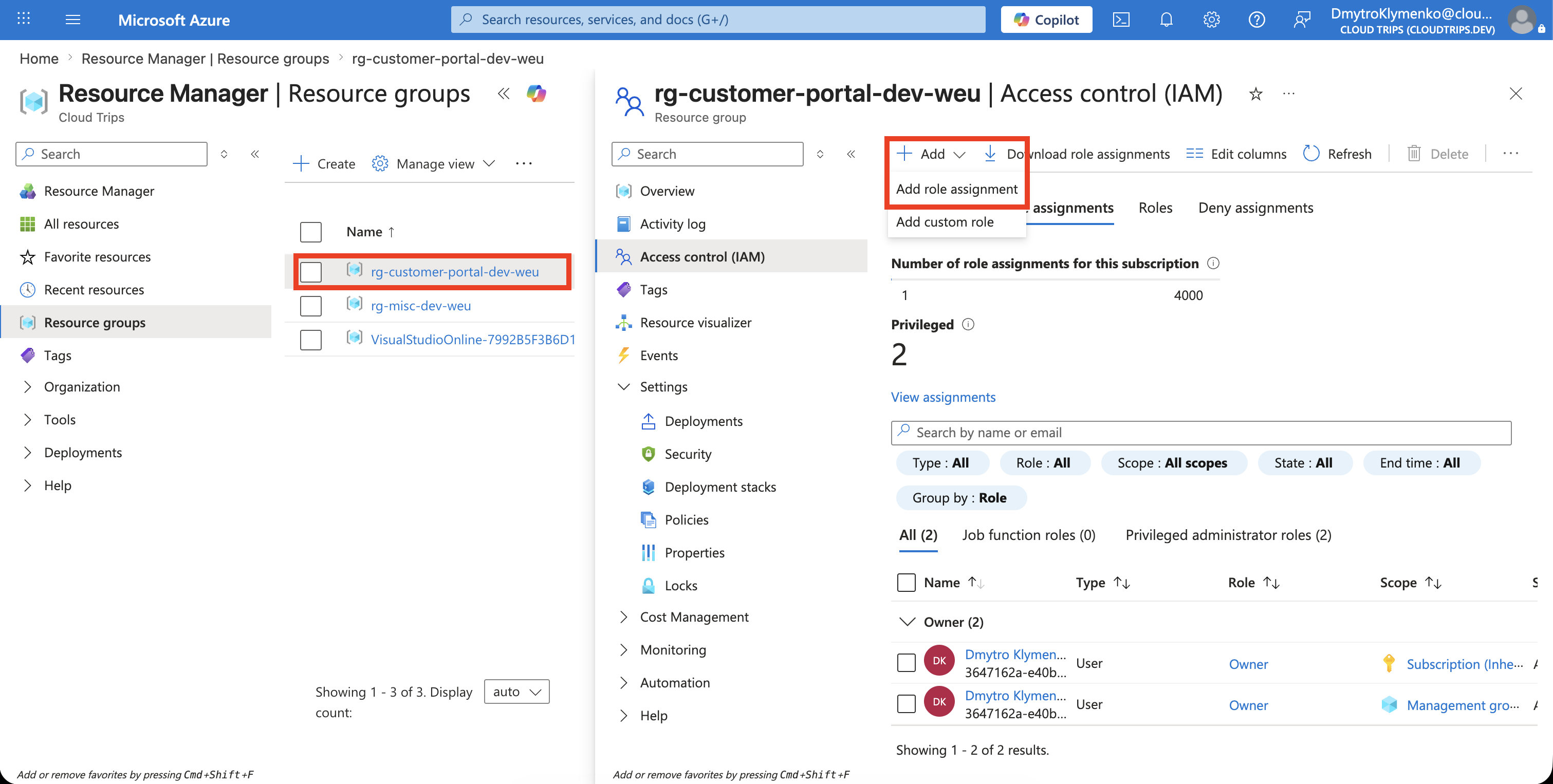 Access control IAM der Ressourcengruppe mit verfügbarer Aktion Add role assignment