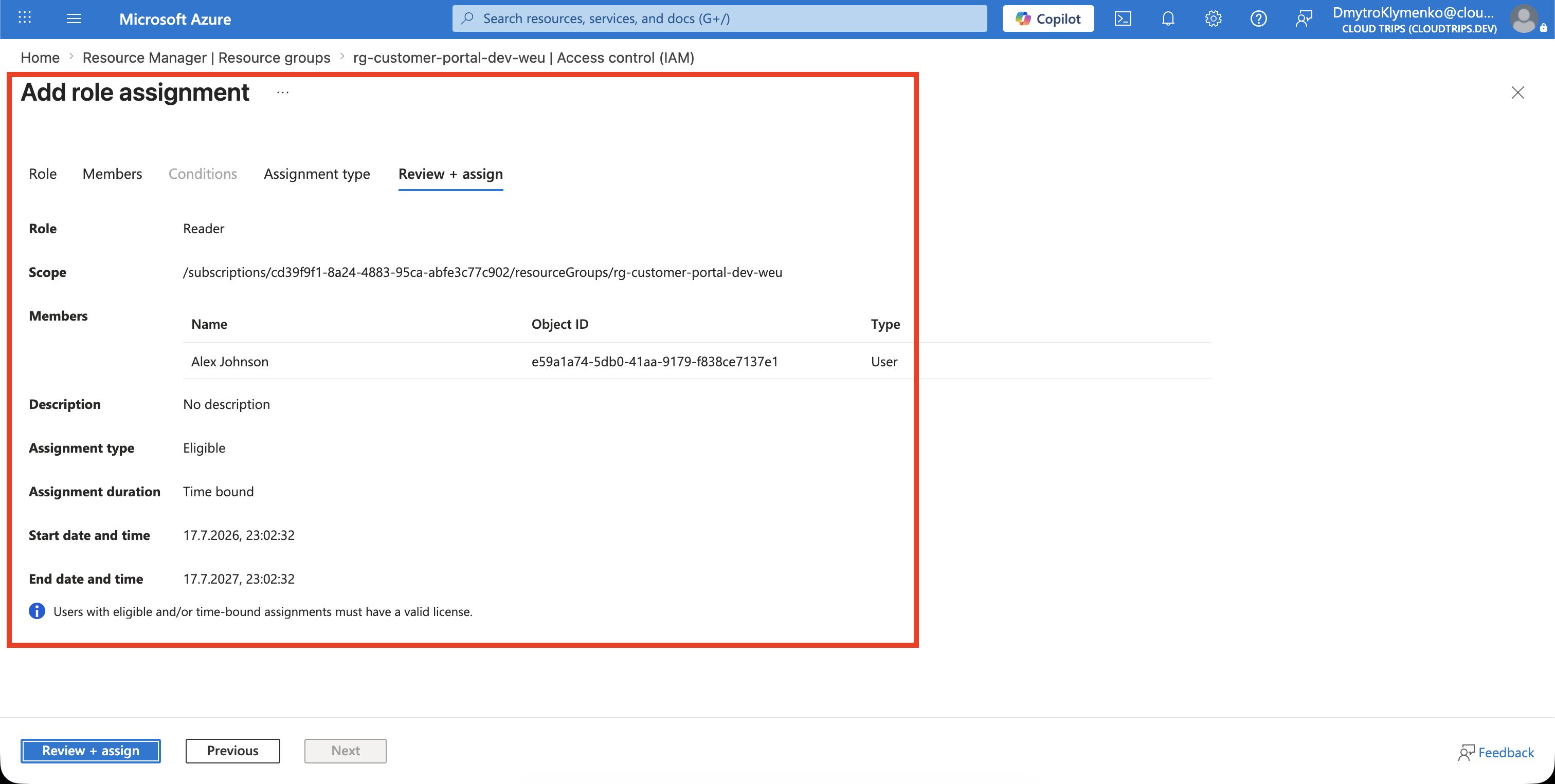 Registerkarte Review and assign mit Reader-Rolle, Alex Johnson und Ressourcengruppenbereich