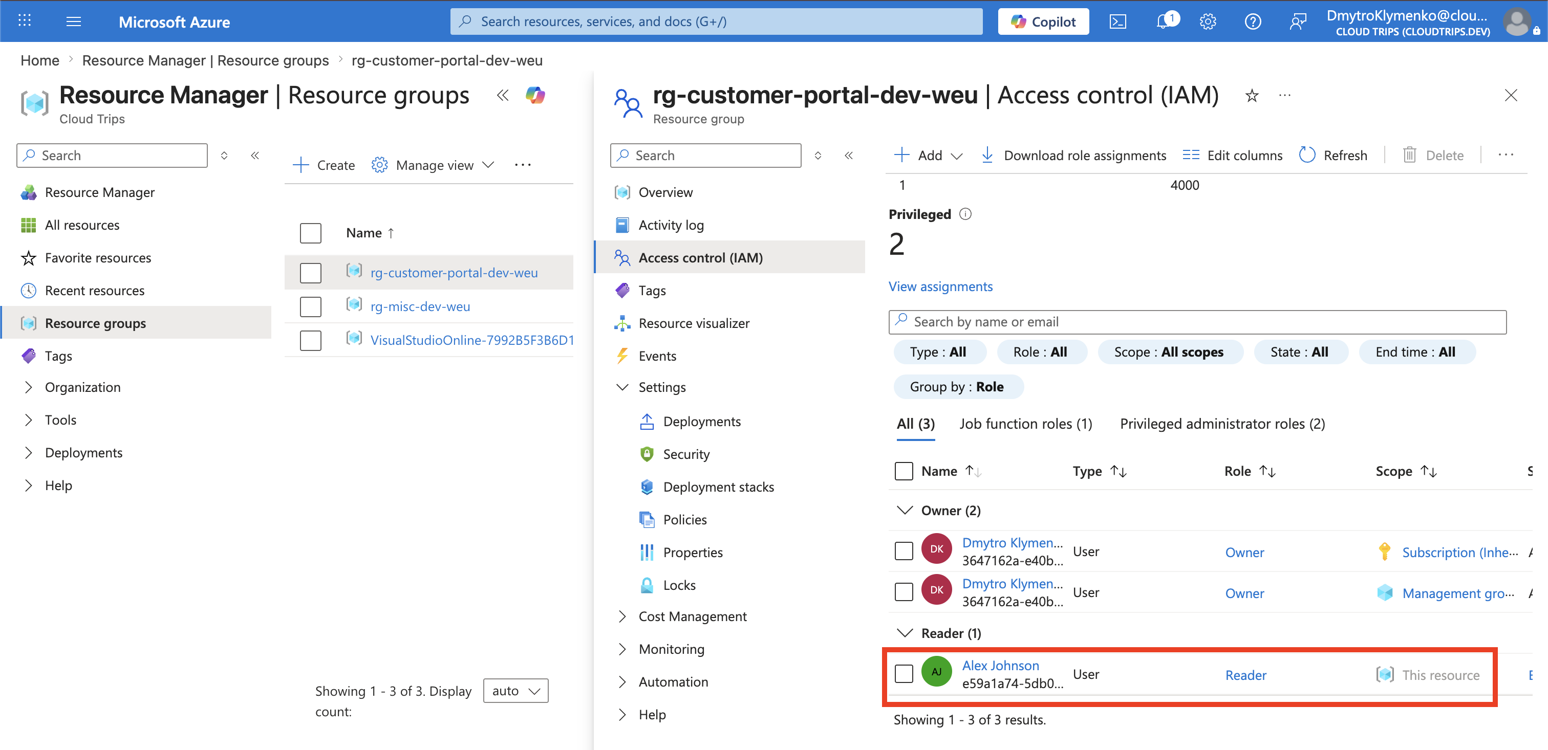 Liste der Rollenzuweisungen mit Reader-Zugriff für Alex Johnson im Ressourcengruppenbereich