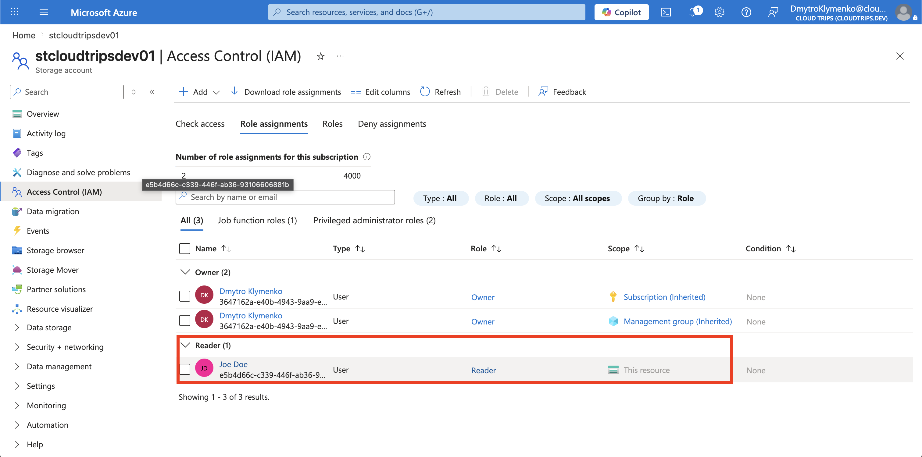 Role assignments list showing Reader access at this resource only
