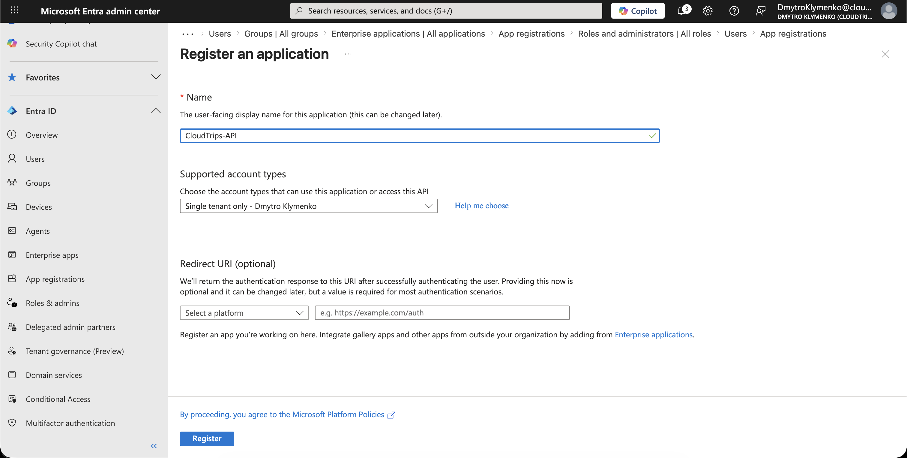 Microsoft Entra App-Registrierung mit CloudTrips API als Anwendungsname