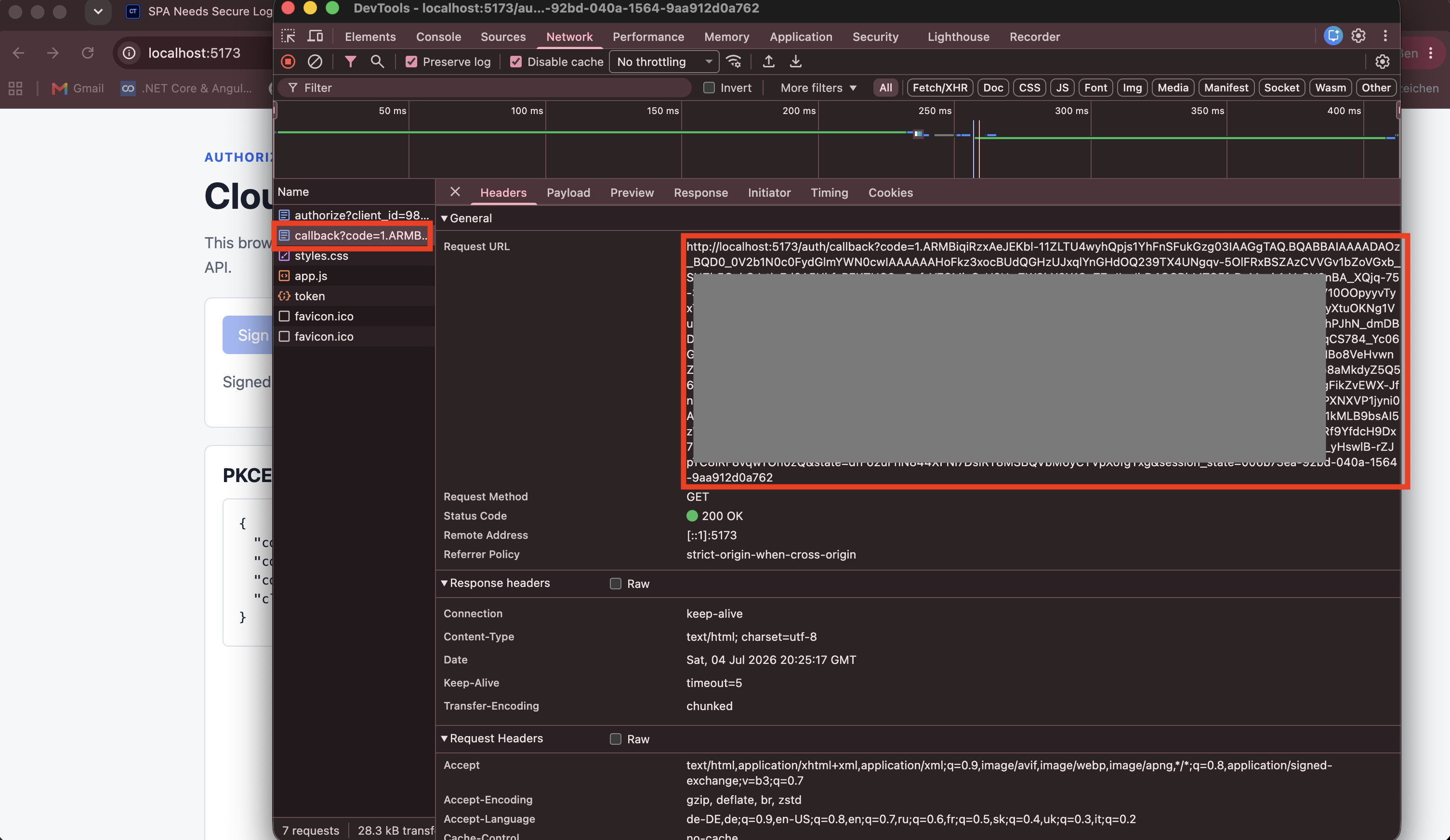 Browser Developer Tools mit Token Request, grant_type authorization_code und code_verifier aber ohne client_secret