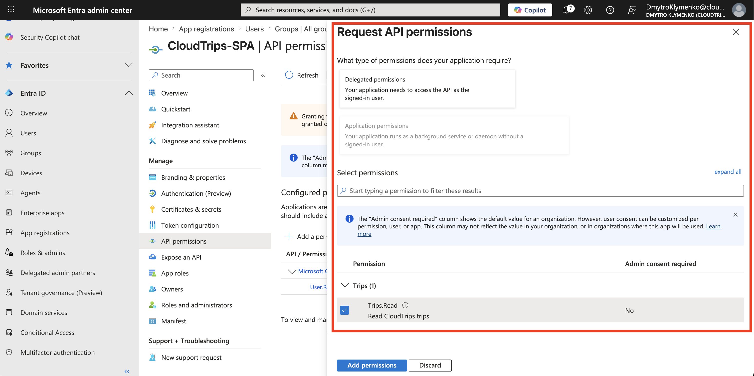 CloudTrips SPA API permissions Seite mit ausgewaehlter delegierter CloudTrips API Berechtigung Trips.Read