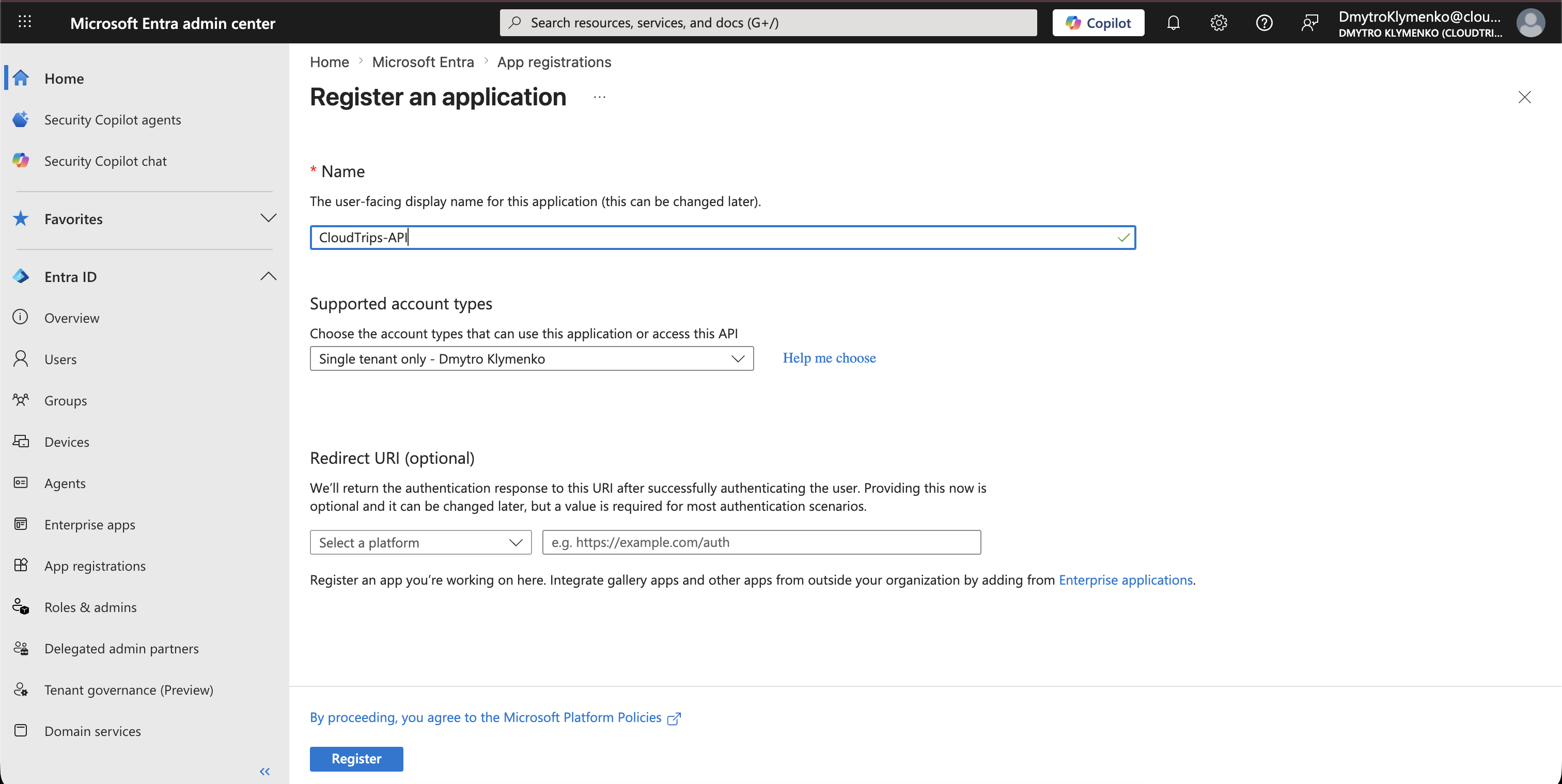 Microsoft Entra App-Registrierung mit CloudTrips API als Anwendungsname