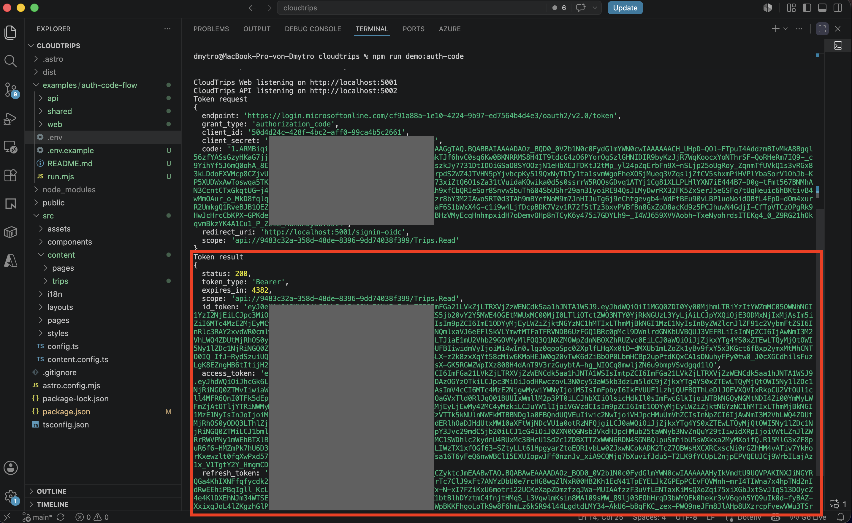 Application Log mit erfolgreicher Token-Antwort inklusive ID Token und Access Token