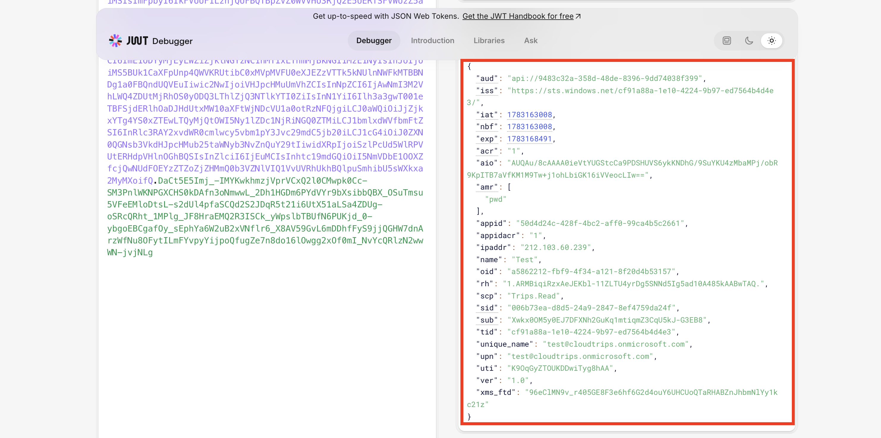 Decodiertes Access Token mit Audience, delegiertem Scope, Tenant, Subject und Issuer Claims