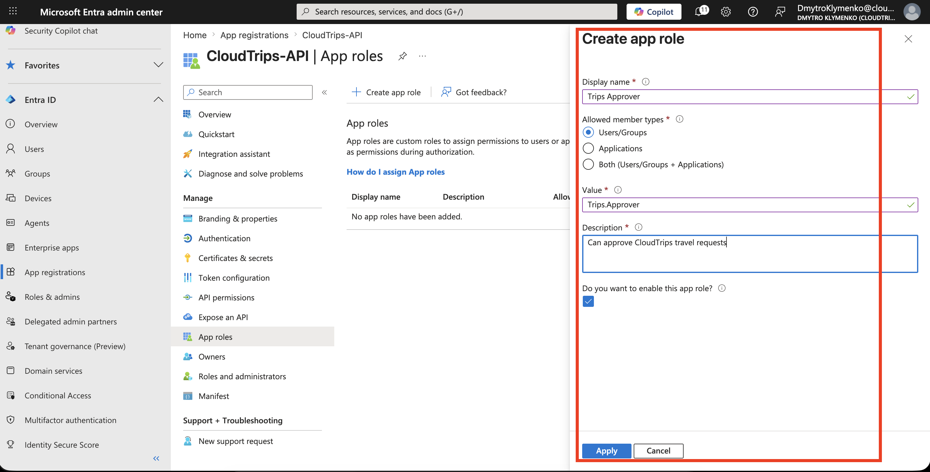 CloudTrips API App roles Seite mit Trips Approver und dem Wert Trips.Approver
