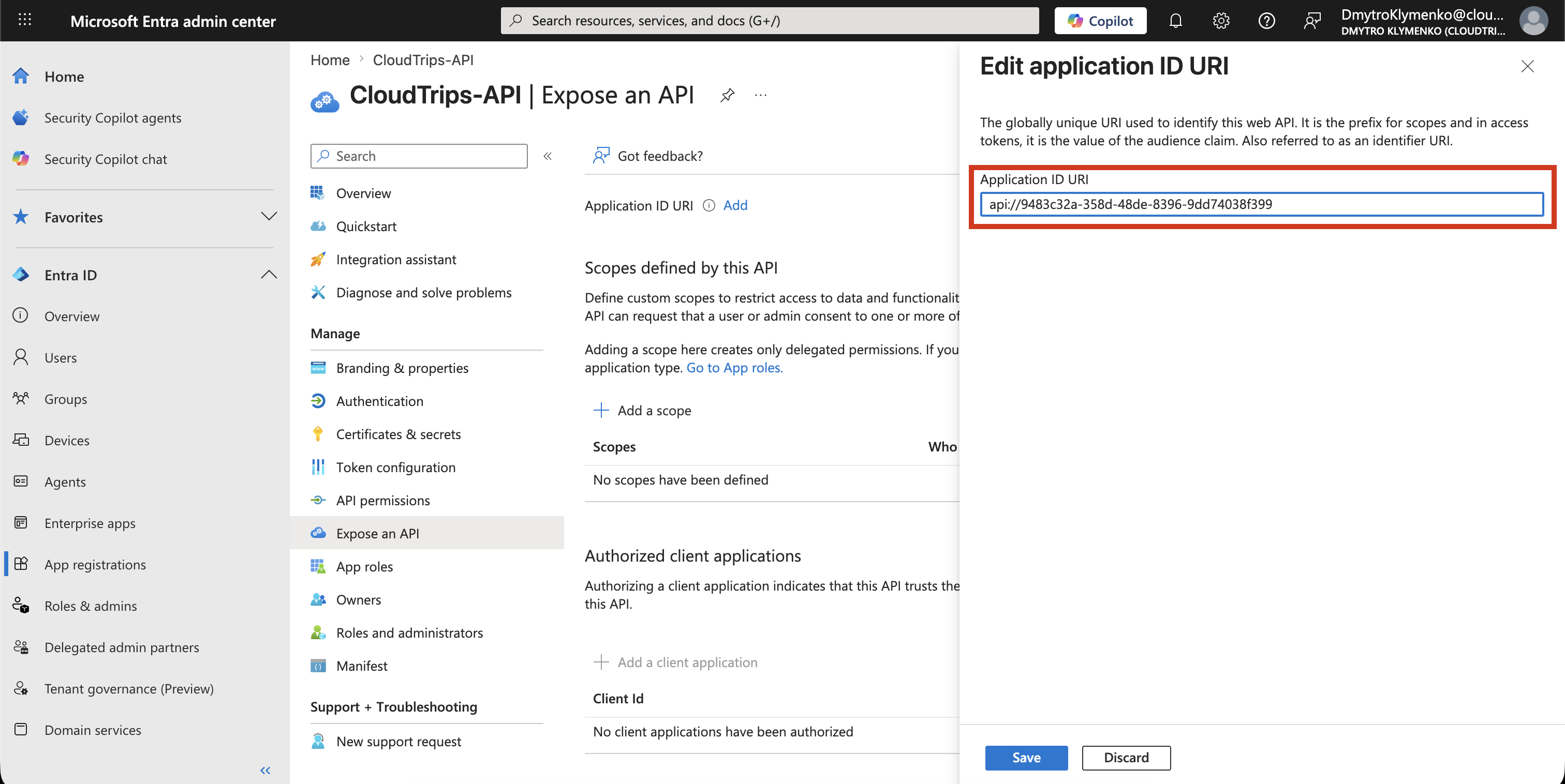 CloudTrips API App Registration auf der Expose an API Seite mit konfigurierter Application ID URI