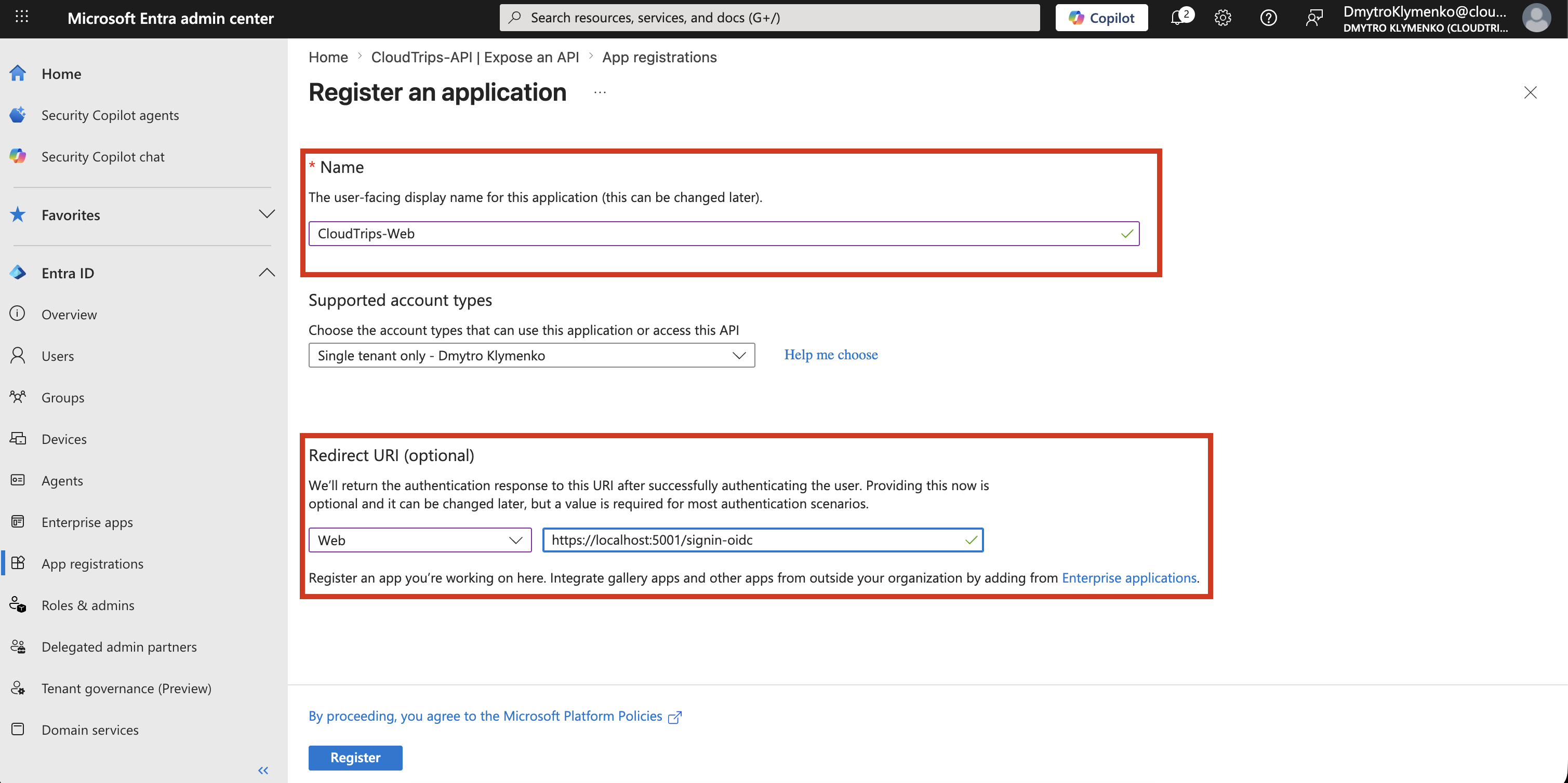 Microsoft Entra App-Registrierung mit CloudTrips Web und Web Redirect URI