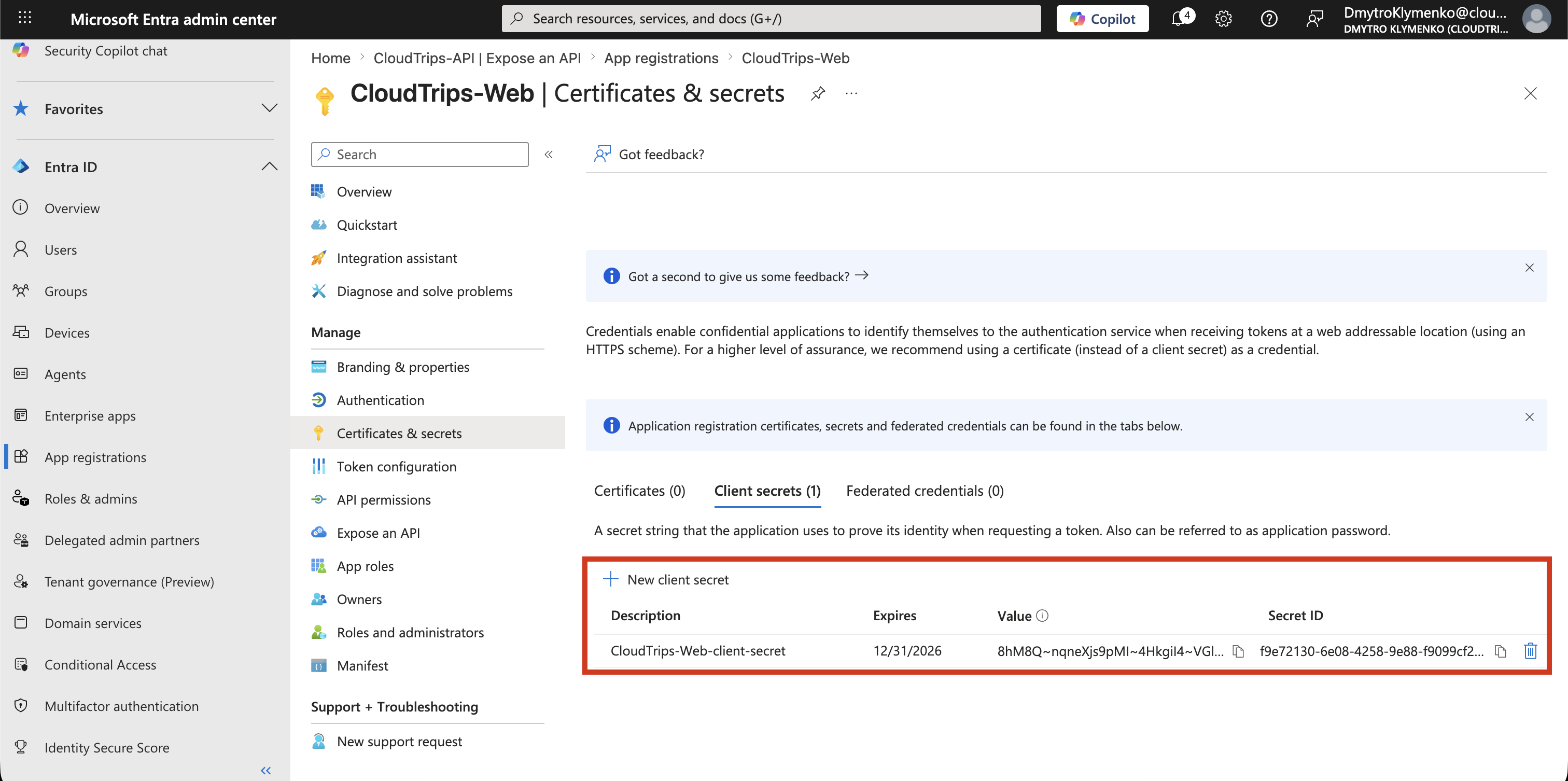 CloudTrips Web Certificates and secrets Seite mit erstelltem Client Secret