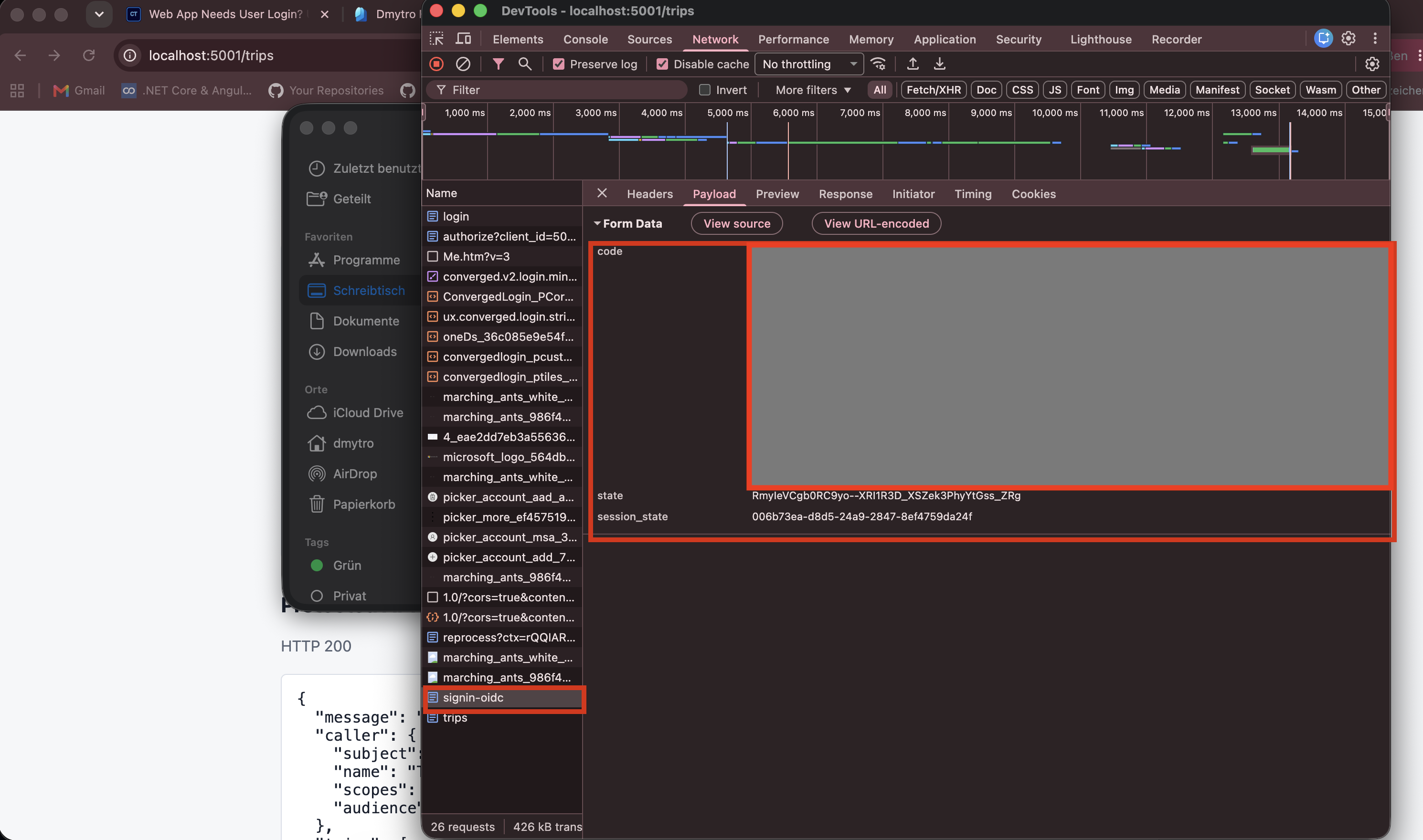 Browser Developer Tools mit signin-oidc Callback und Authorization Code