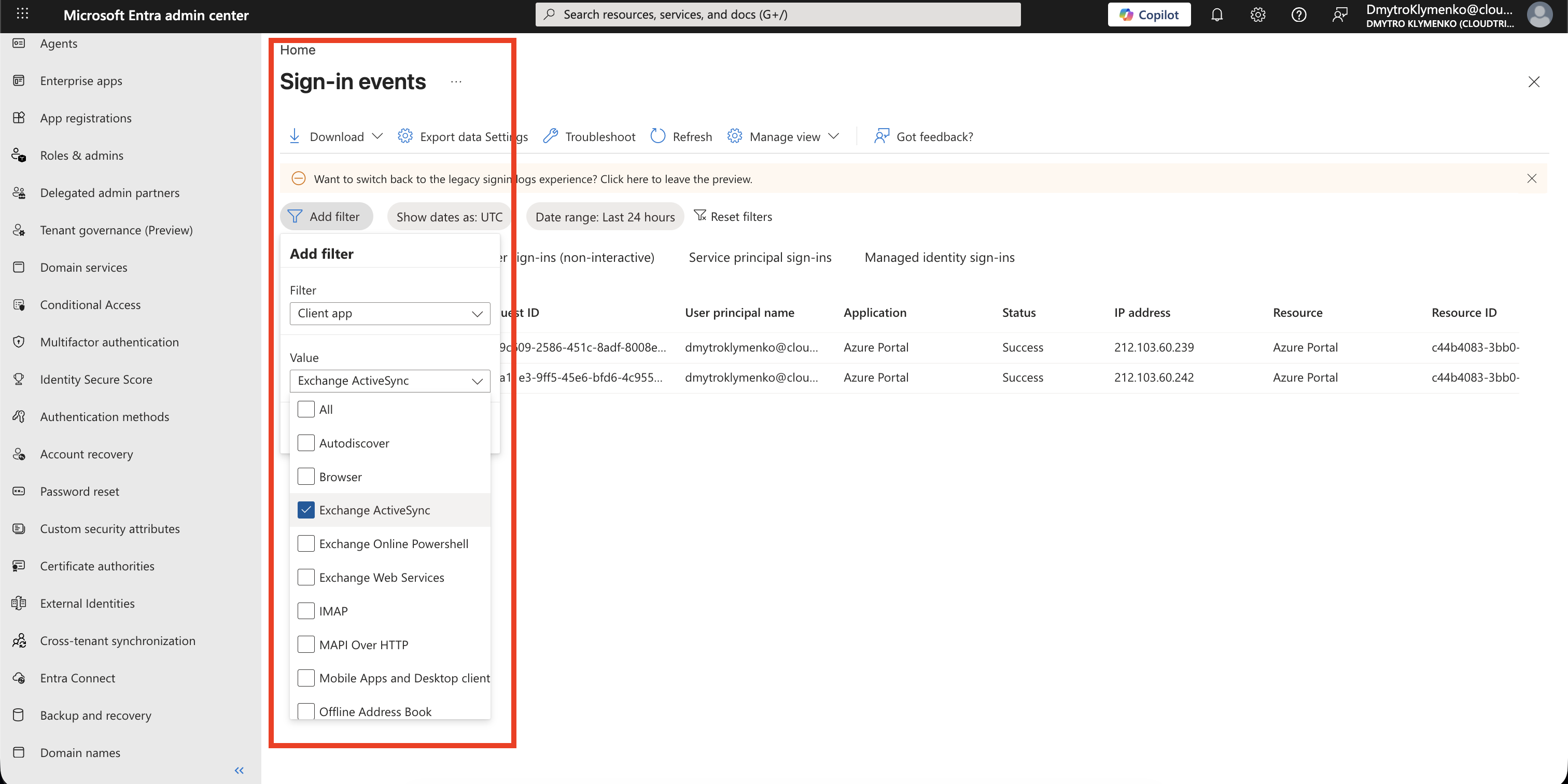 Microsoft Entra sign-in logs filtered by legacy authentication client apps