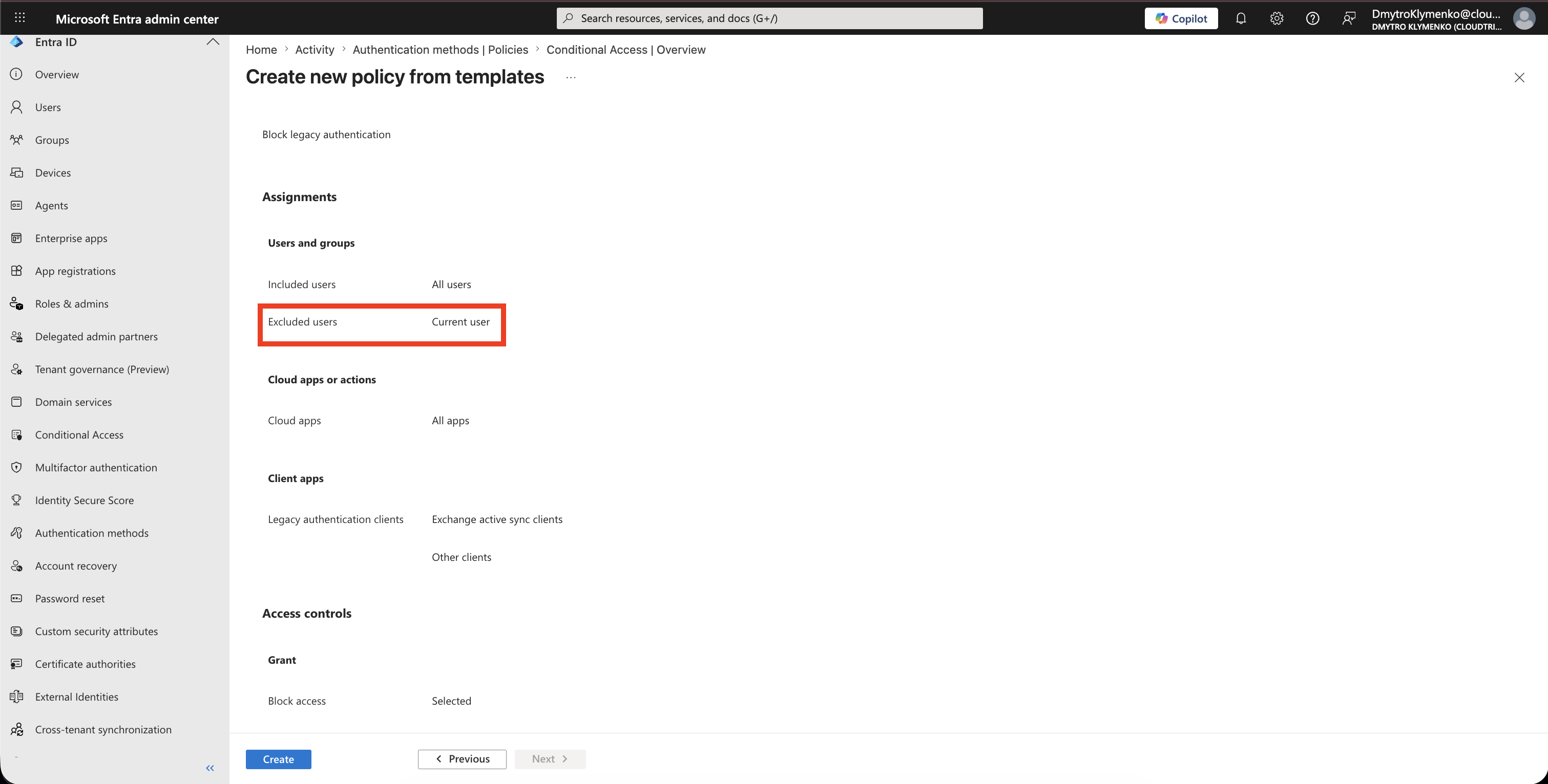 Conditional Access users blade showing emergency access account excluded