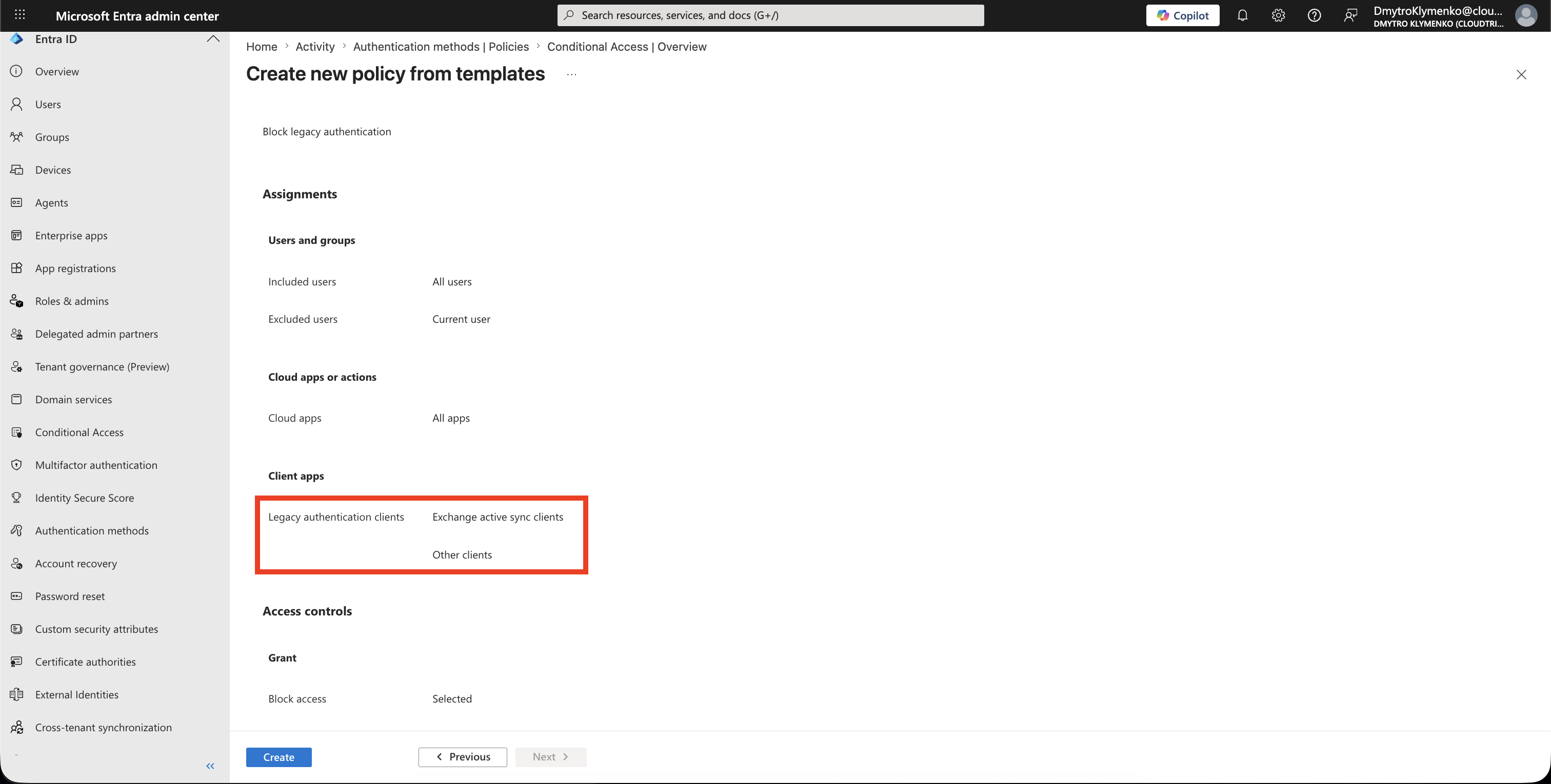 Conditional Access client apps condition showing Legacy authentication clients with Exchange ActiveSync clients and Other clients selected