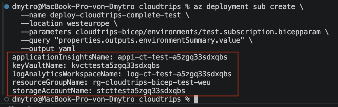 Successful complete CloudTrips TEST deployment with the environment summary outputs
