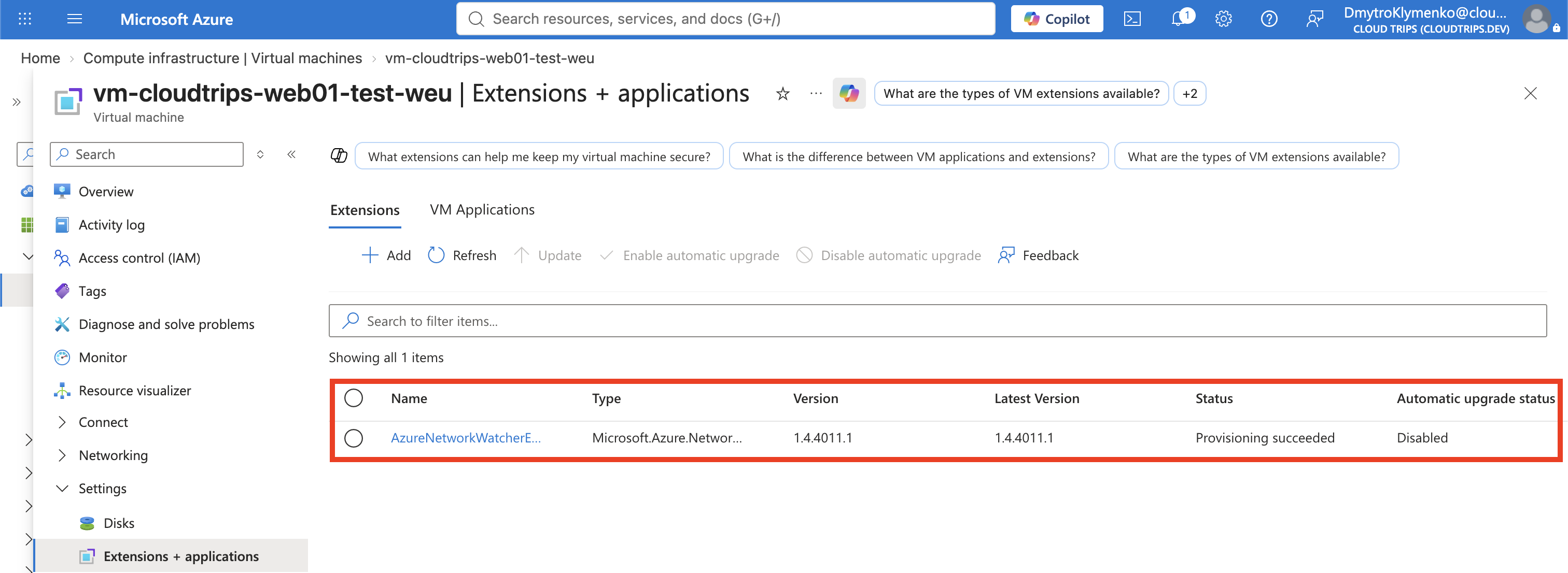 Network Watcher Agent extension successfully installed on WEB01