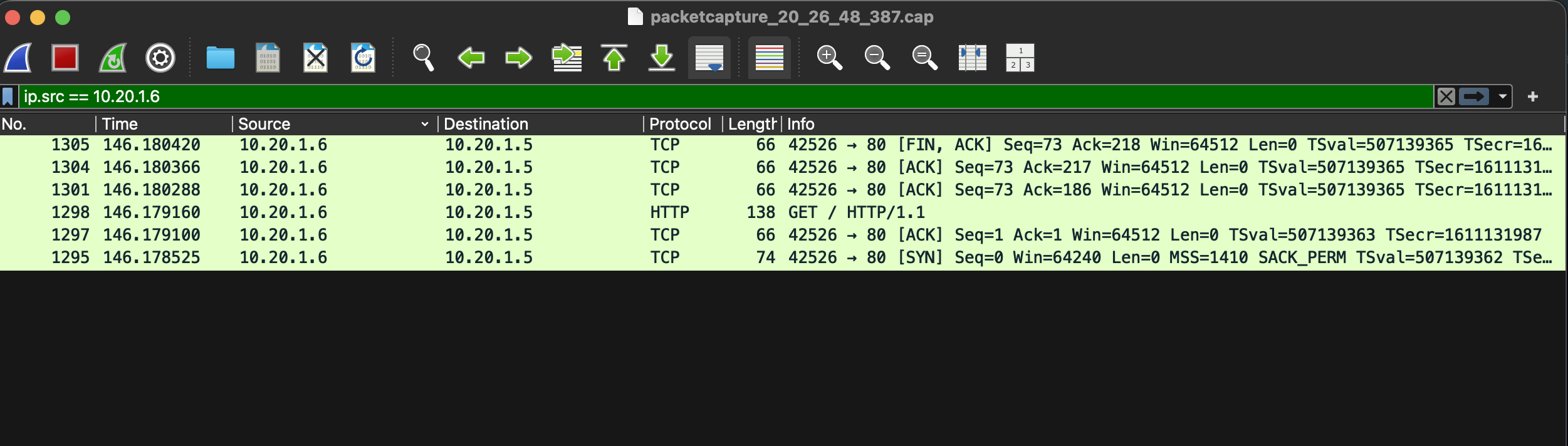 Wireshark showing the TCP handshake and HTTP exchange between WEB02 and WEB01