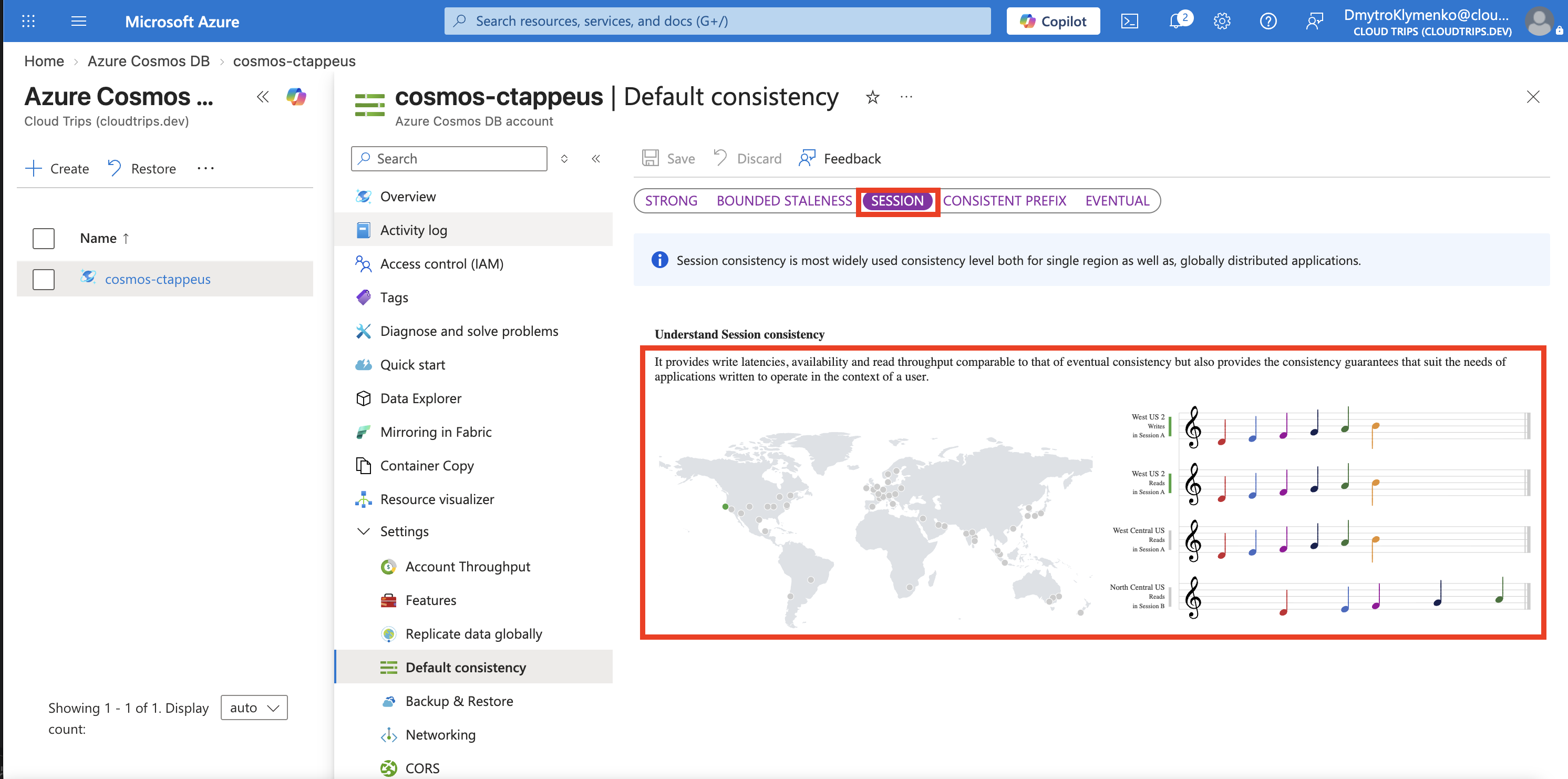 Cosmos-DB-Seite Default consistency mit gespeicherter Auswahl Session