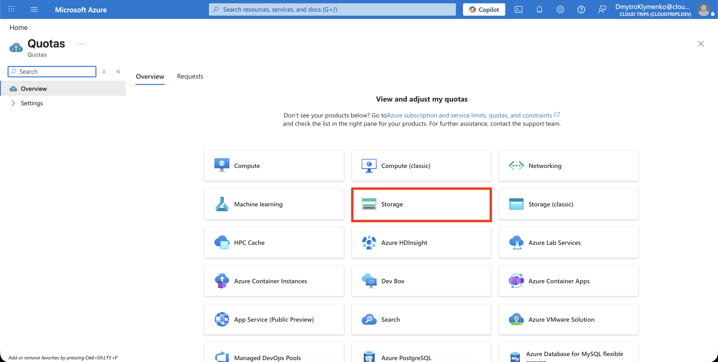 Azure-Quotas-Übersicht mit ausgewähltem Storage-Anbieter