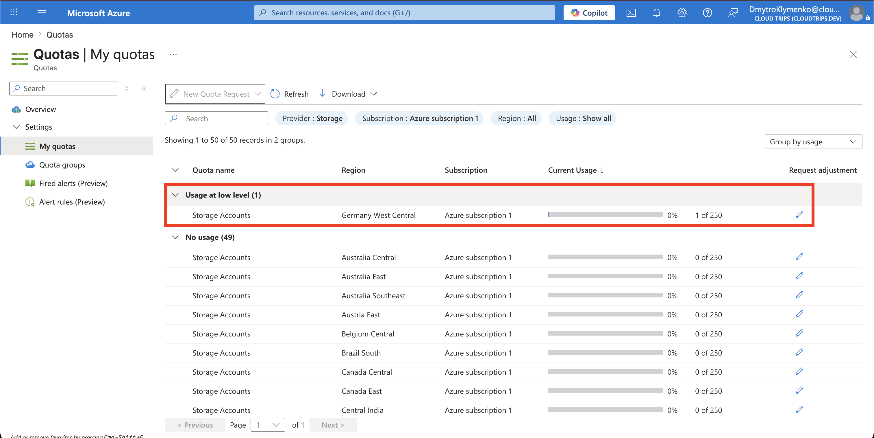 Storage-Kontingente gefiltert nach Azure subscription 1 und West Europe