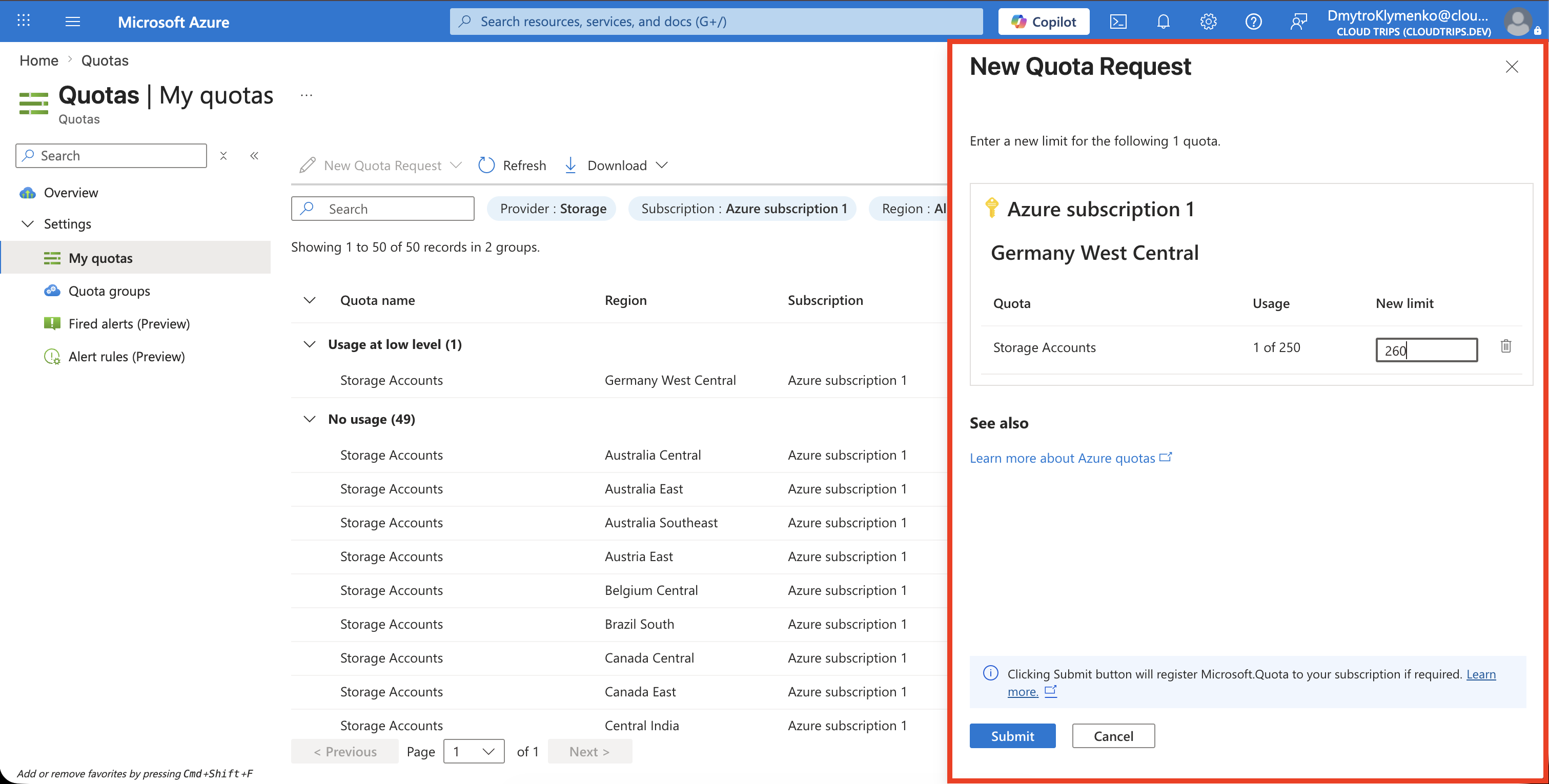 Anforderung zur Anpassung des Storage-Kontingents mit neuem Grenzwert für West Europe