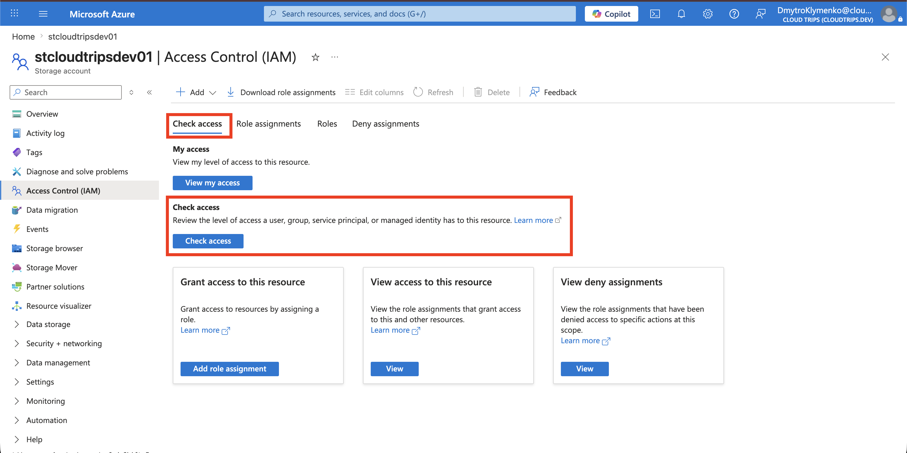 Storage account Access control IAM page with the Check access tab open