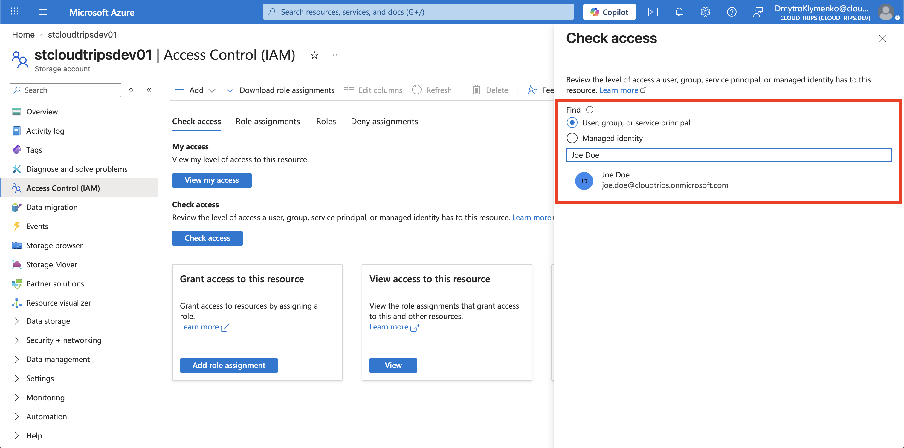 Check access pane with Joe Doe selected