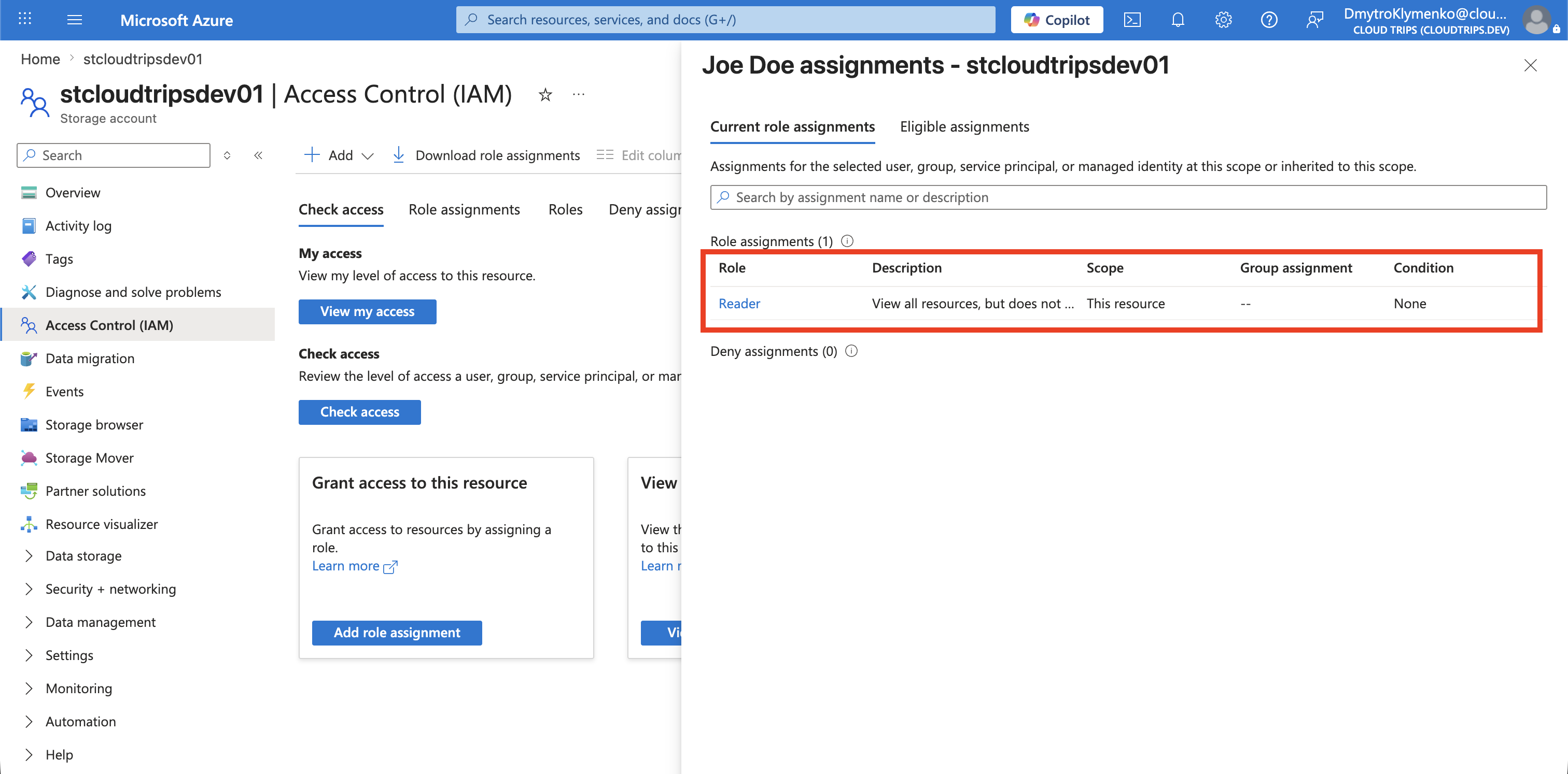 Joe Doe access assignments showing the role, scope, and inheritance source
