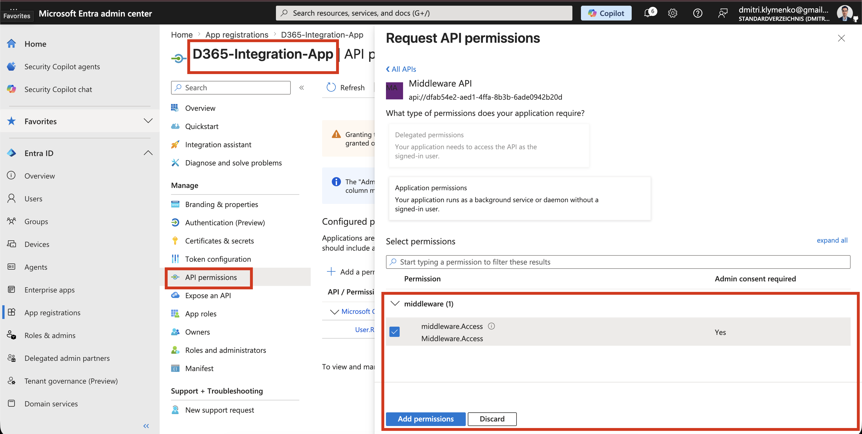 Microsoft Entra API Permissions tab showing Middleware API app role and Grant admin consent button