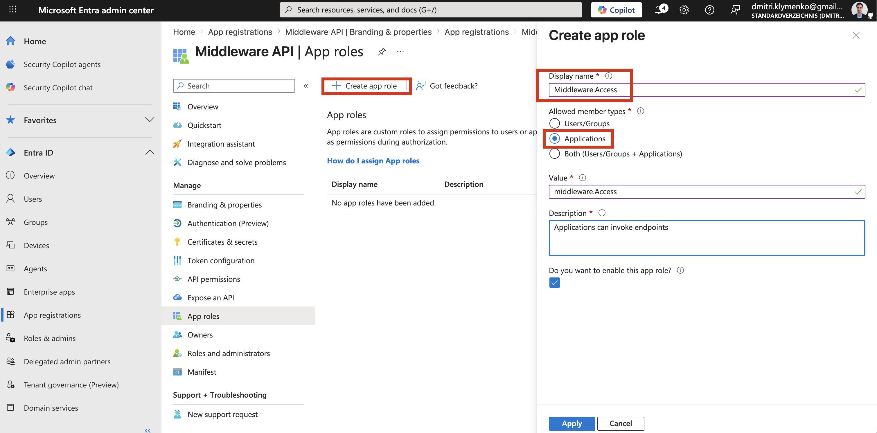 Microsoft Entra App Role creation screen showing Middleware.Access configured for application permissions