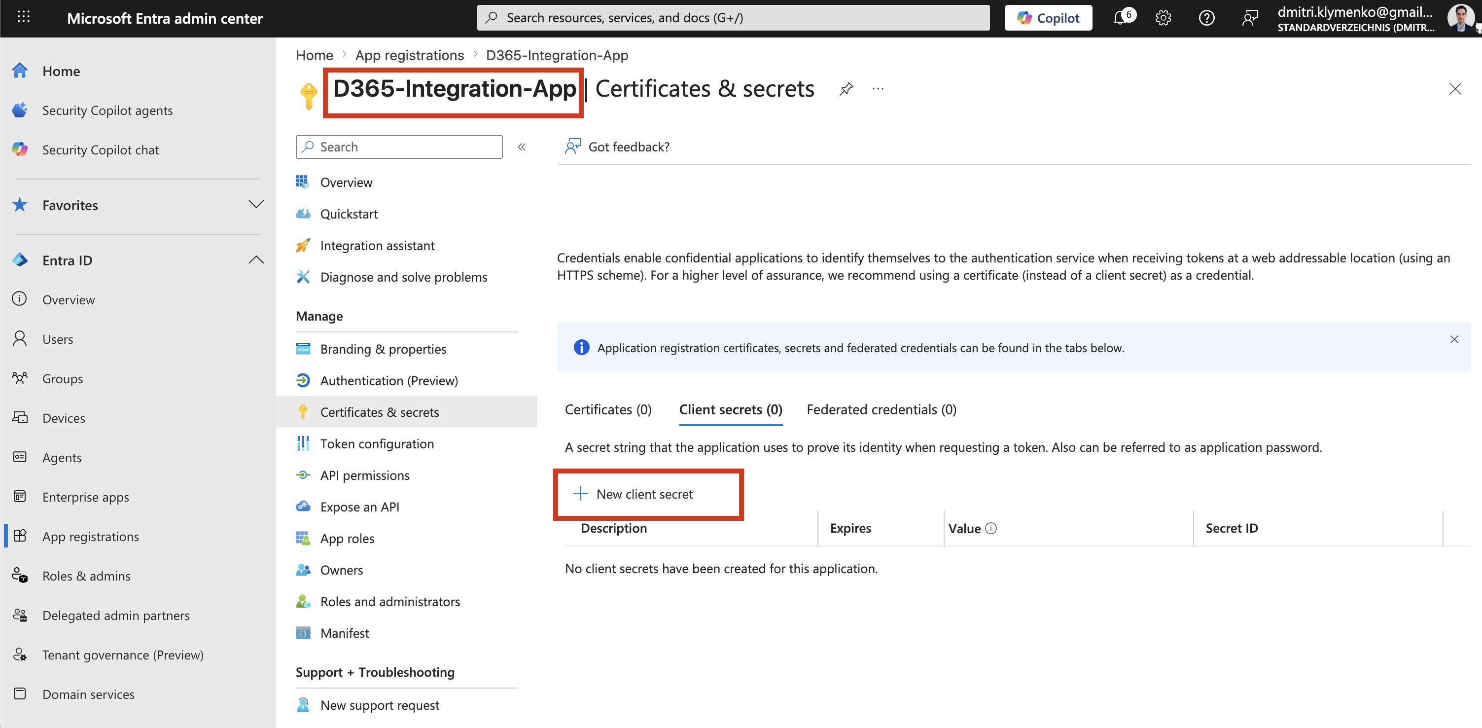 Microsoft Entra D365 app registration showing client secret creation screen