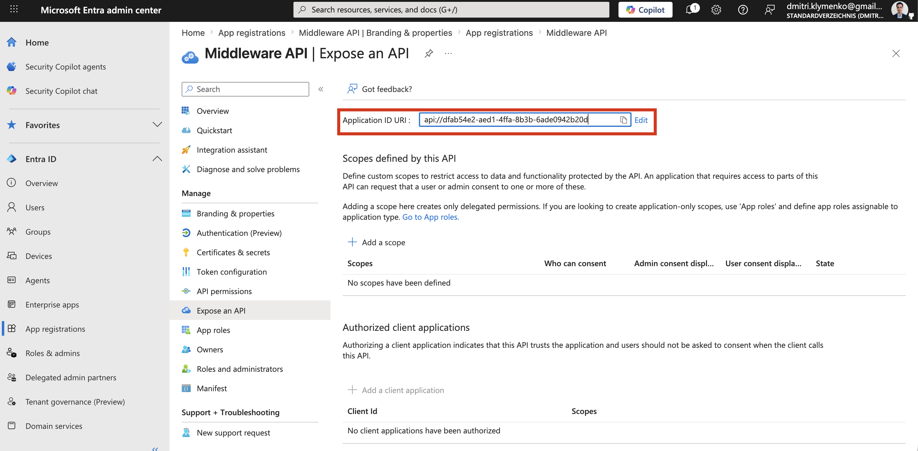 Microsoft Entra Middleware API app registration showing Expose an API and Application ID URI configuration