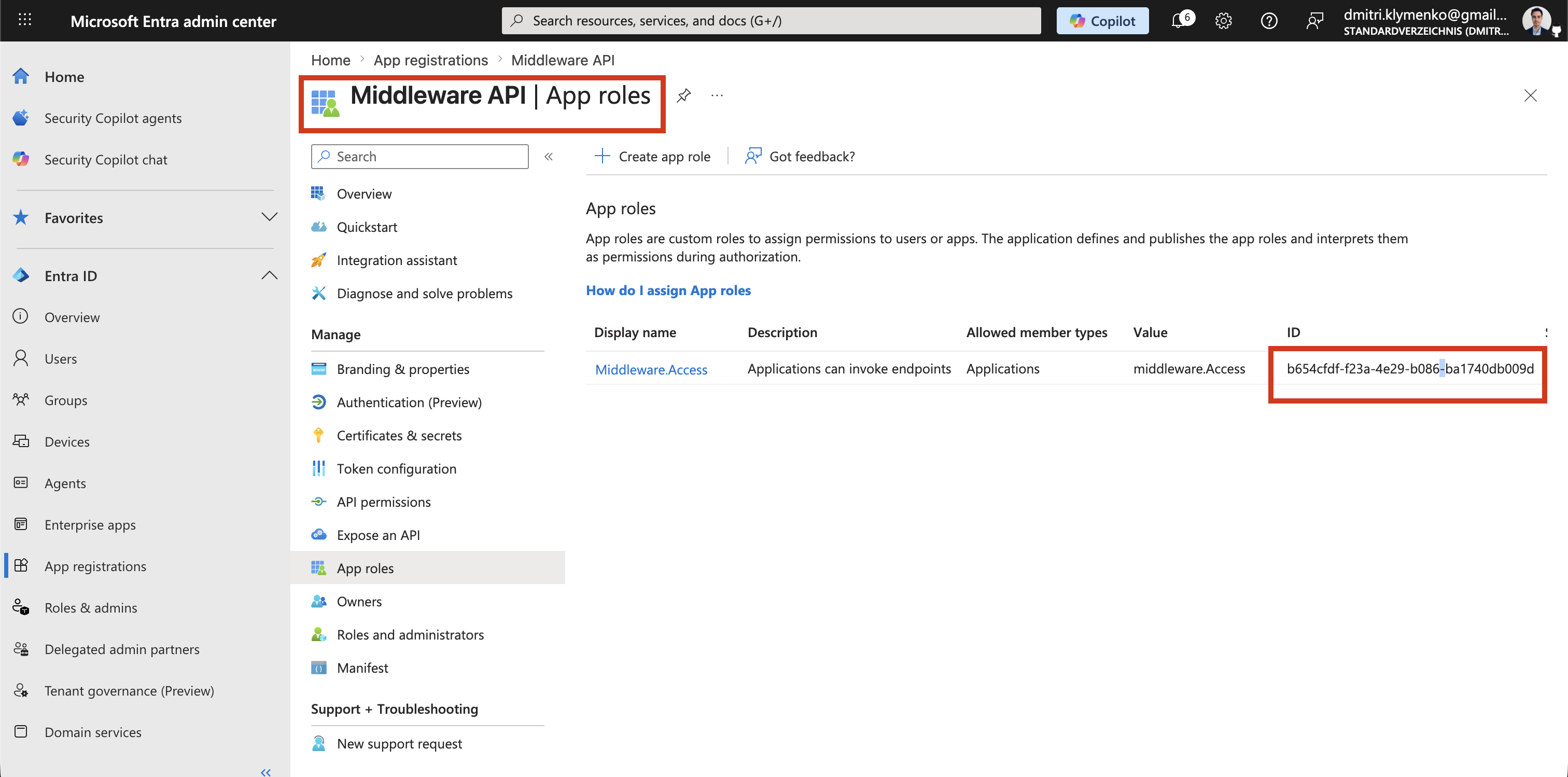 Microsoft Entra app role view showing the appRoleId value