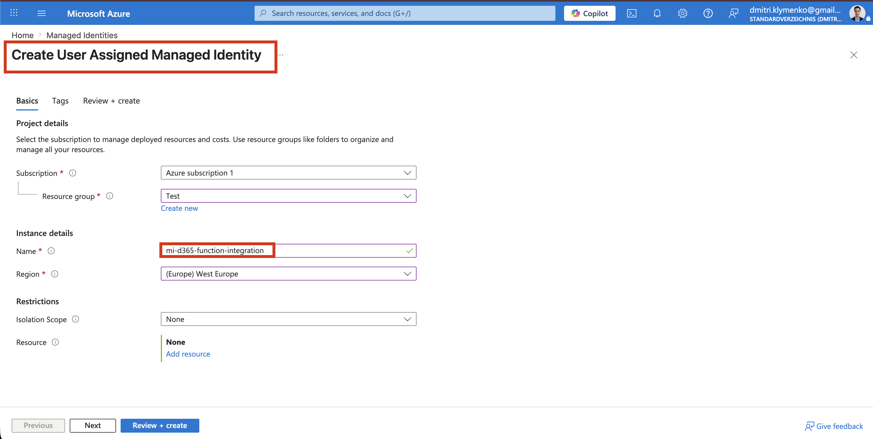Azure Portal page for creating a user assigned managed identity